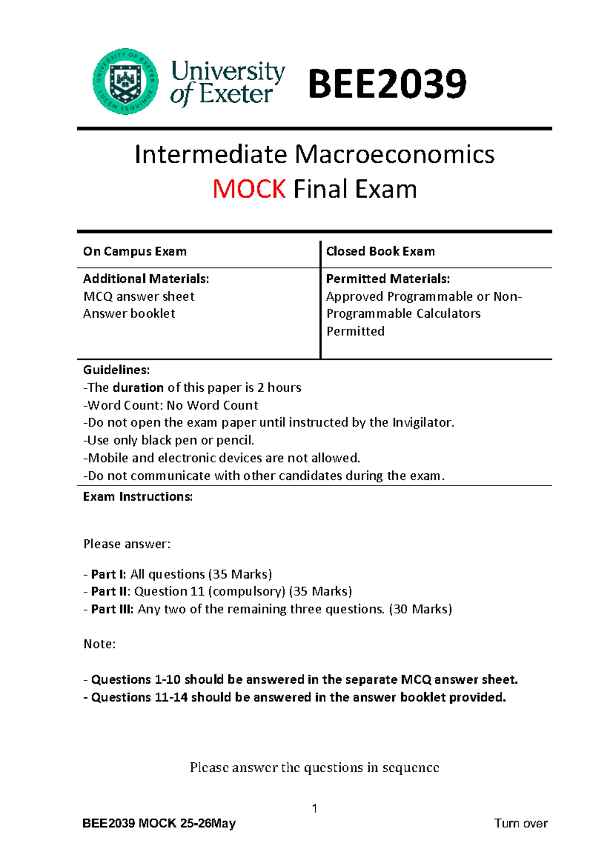 BEE2039 Intermediate Macroeconomics MOCK Final Exam Guidelines and ...