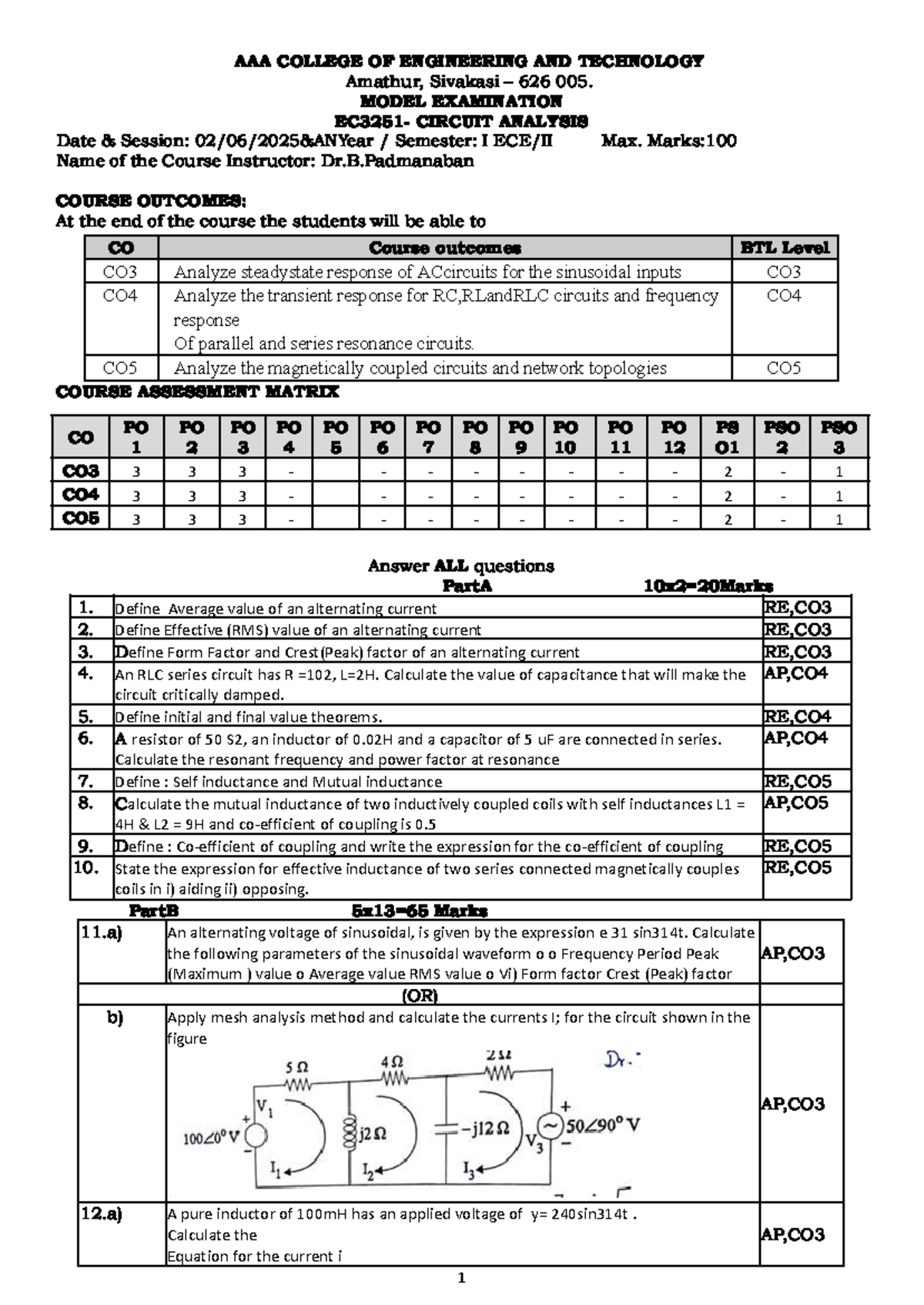 ECE EC3251 Model Exam: Circuit Analysis Questions and Solutions - Studocu