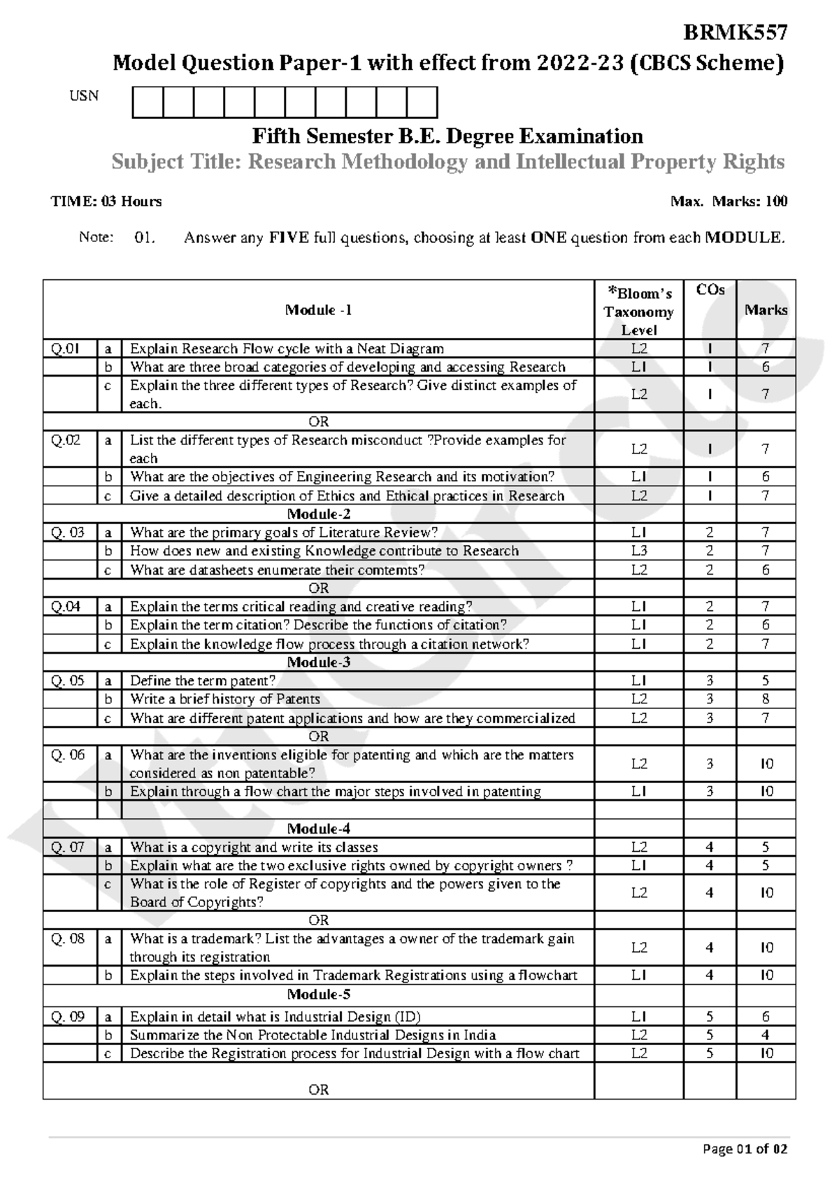 Brmk557 model question paper for research methodology and intellectual ...