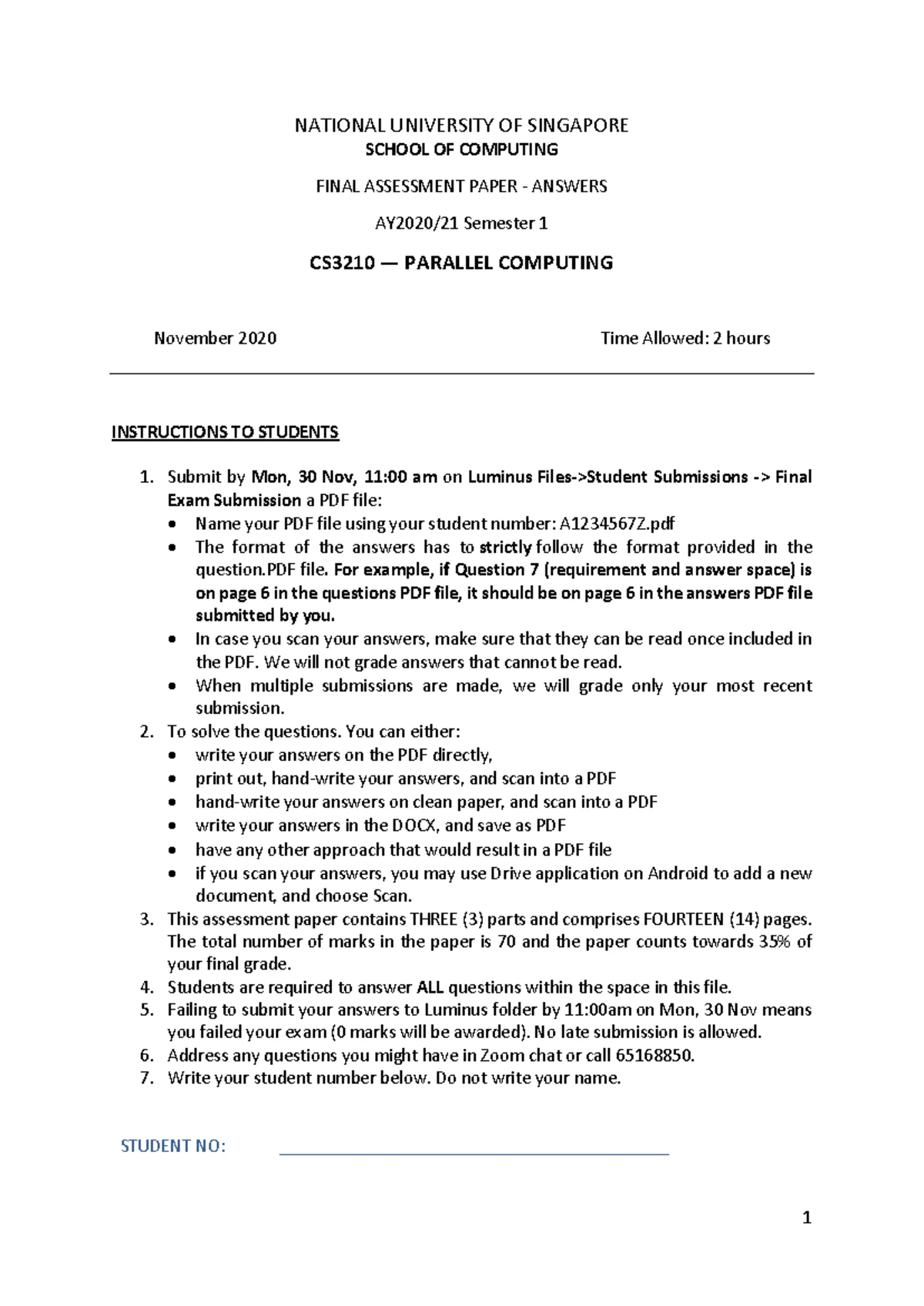 CS3210 - Final Exam Questions on Parallel Computing (2019) - Studocu