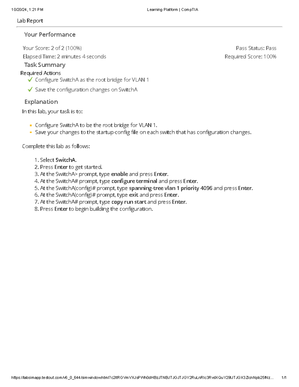11.4.5 - Configuring SwitchA as Root Bridge for VLAN 1 Lab Report - Studocu