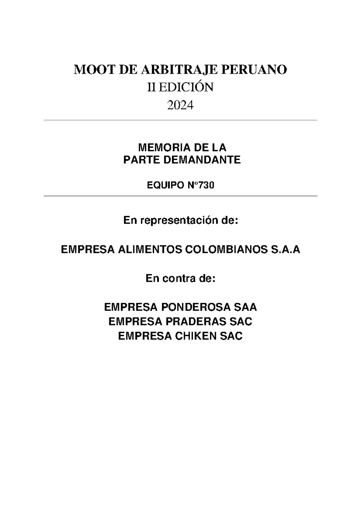 Memorial DE LA Demanda - Moot Arbitraje Peruano 2024 - Equipo 730 - Document Preview