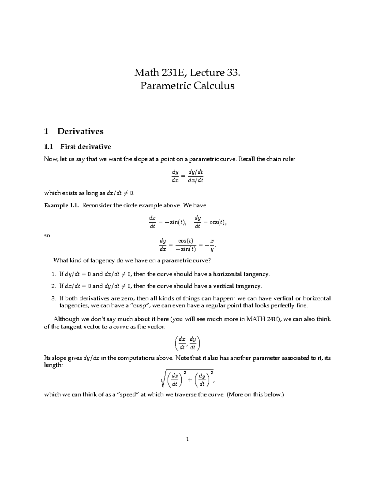 Math 231E, Lecture 33: Parametric Calculus - Studocu