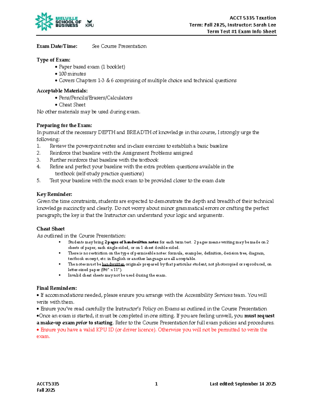 ACCT 5335 Fall 2025 Term Test Exam Info Sheet - Studocu