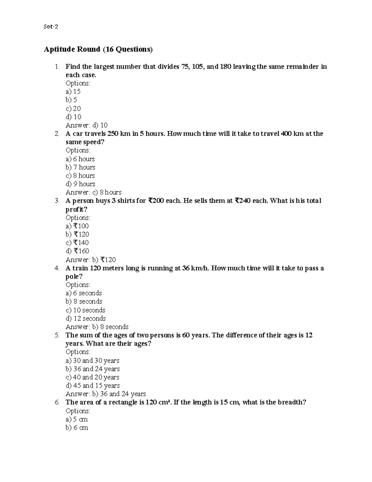 Aptitude & General Knowledge Round - SET 2 Questions - Studocu