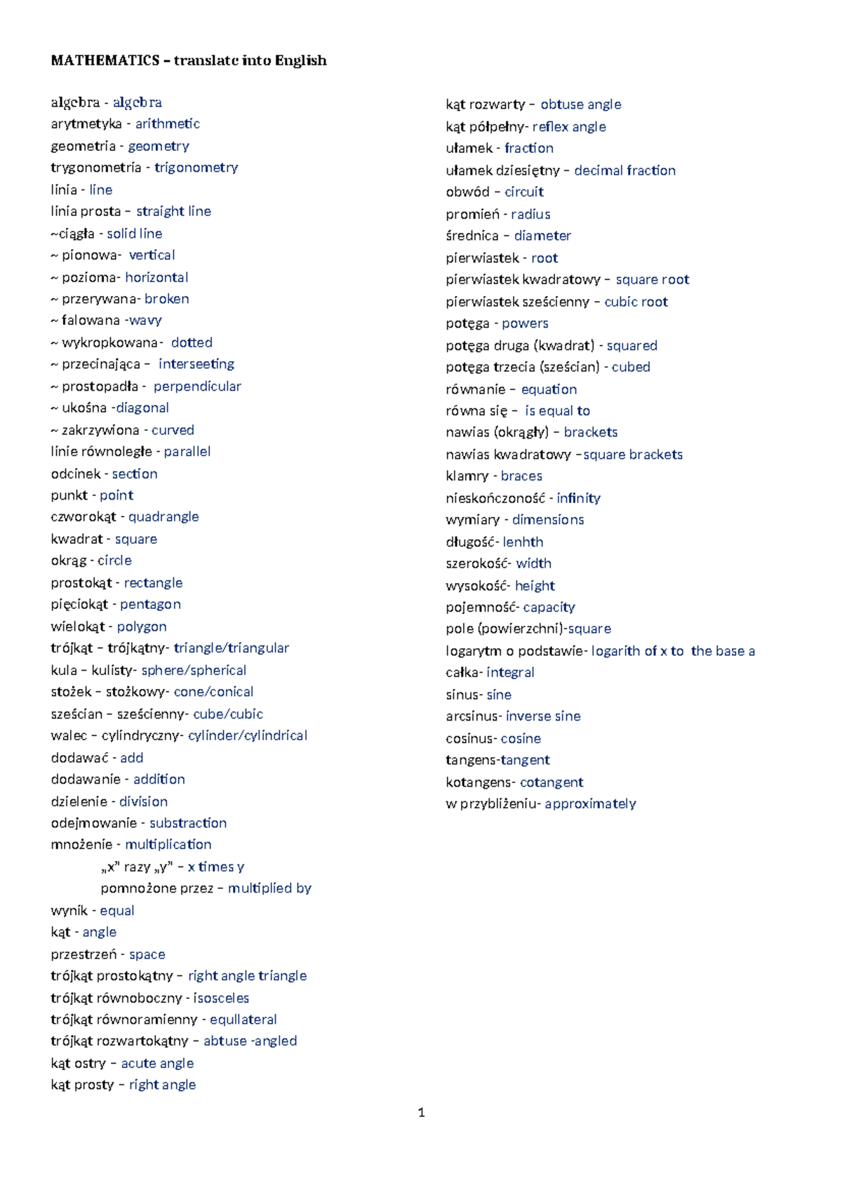 Mathematics basic vocab - MATHEMATICS – translate into English algebra ...