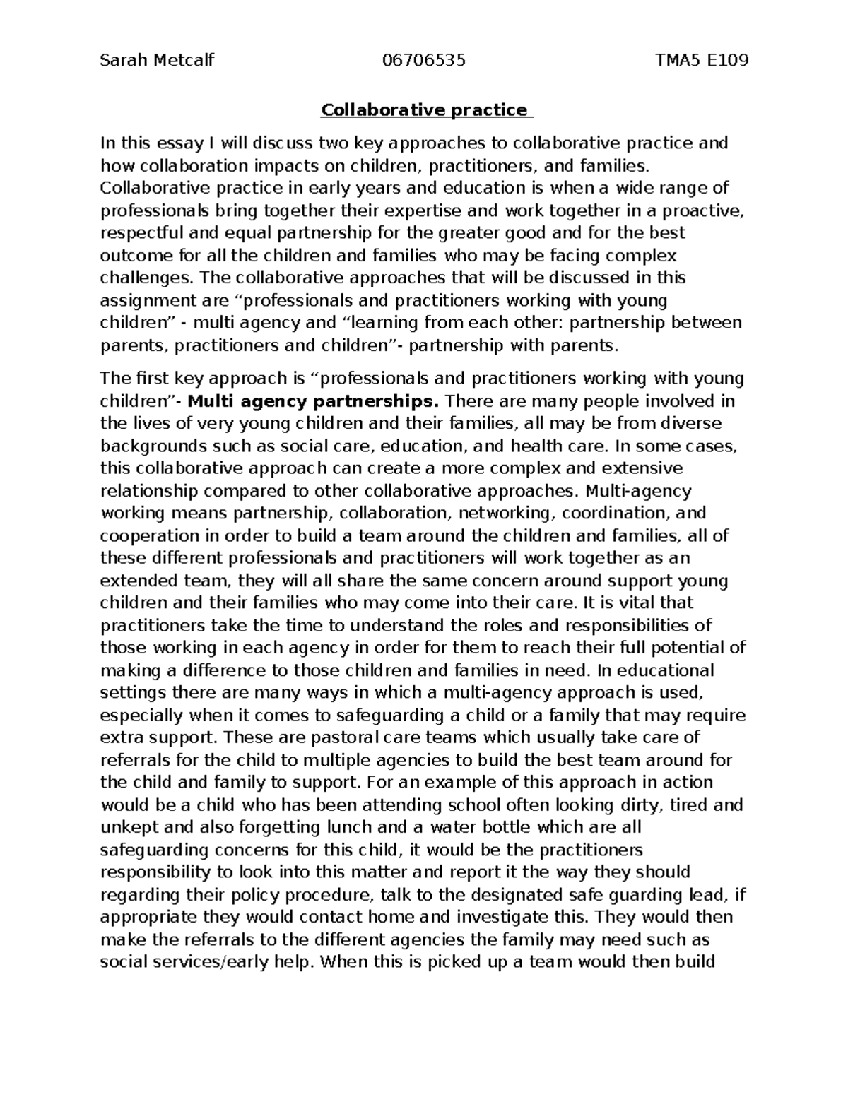 Collaborative Practice Approaches in Early Years (TMA5 E109) - Studocu