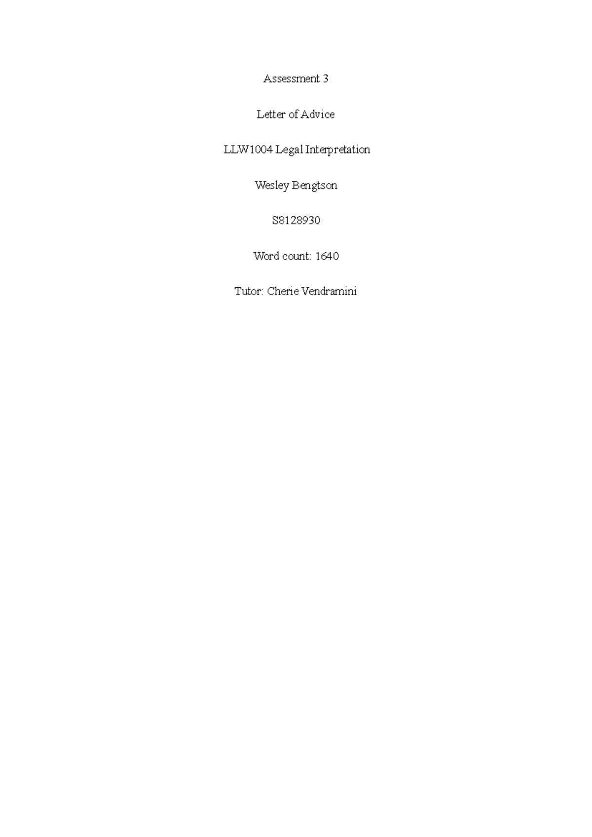 LLW1004 Assessment 3: Letter of Advice on POCA Act Charges - Studocu