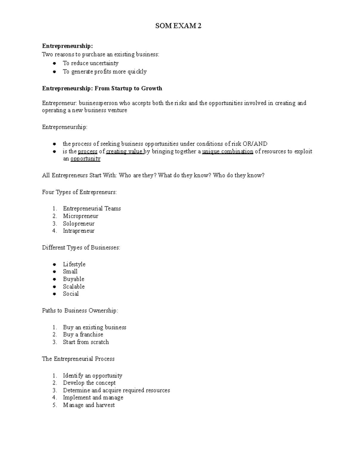SOM EXAM 2 - Comprehensive Entrepreneurship Exam Notes - Studocu