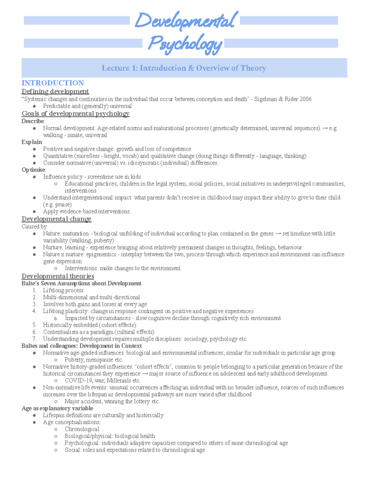 PSYU2235 Developmental Psychology Lecture 1: Overview of Key Theories ...