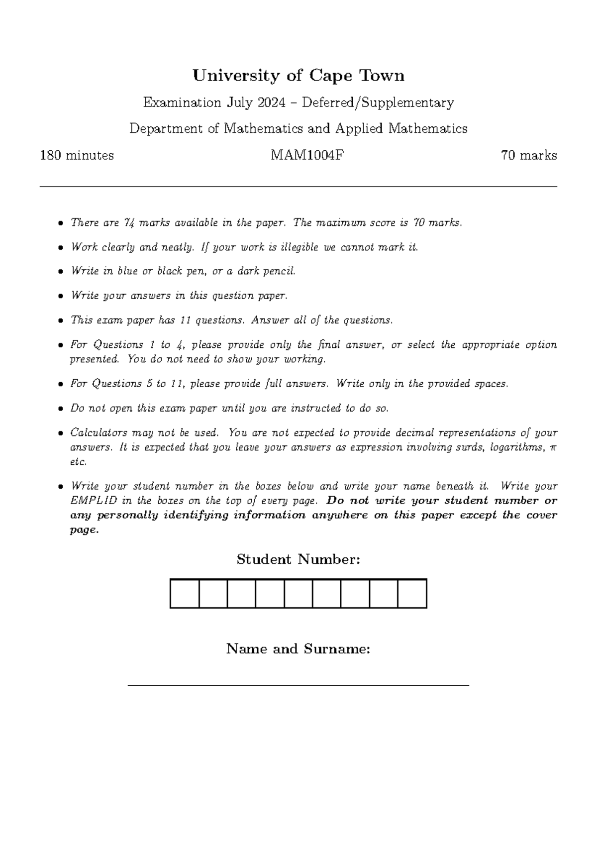 MAM1004F July 2024 Final Exam: Mathematics & Applied Mathematics - Studocu