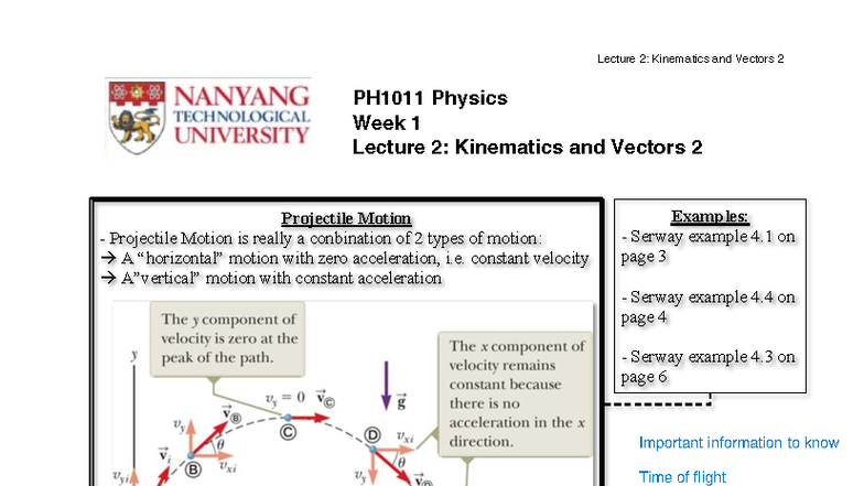 PH1011 Lecture 2: Kinematics, Vectors & Projectile Motion Notes - Studocu