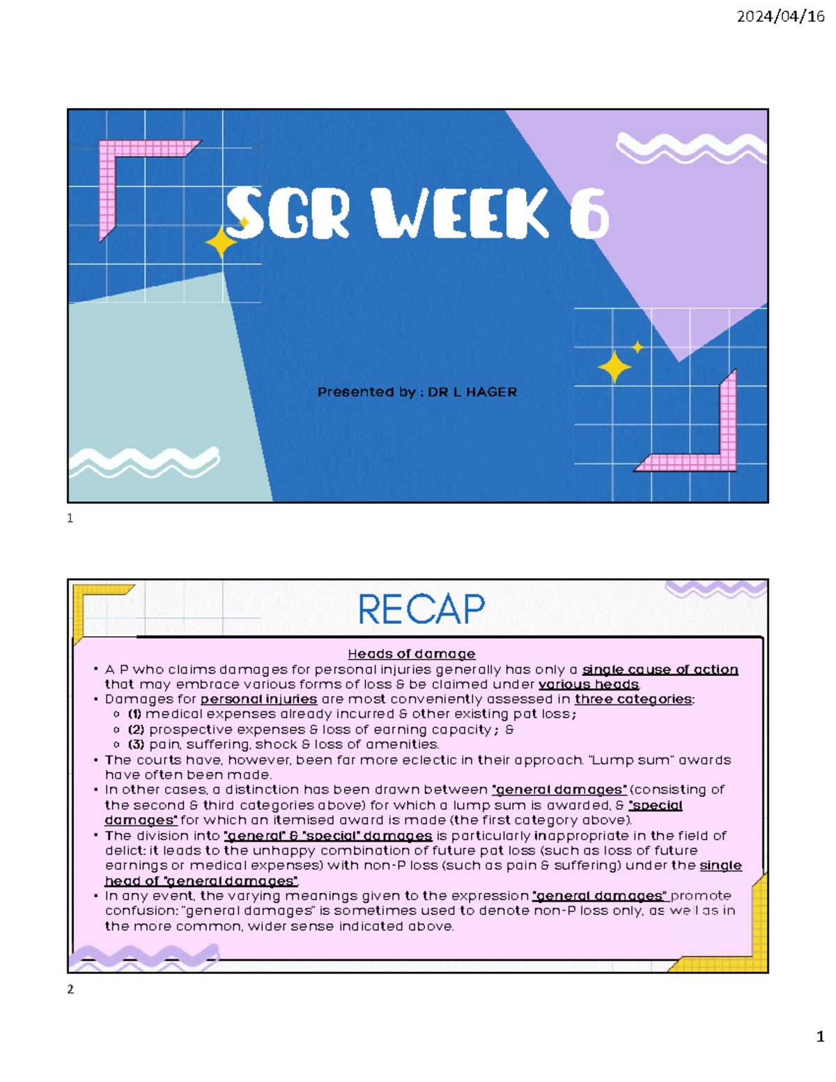 SGR 1: WEEK 6 LECTURE RECAP ON DAMAGES & PAIN SUFFERING - Studocu