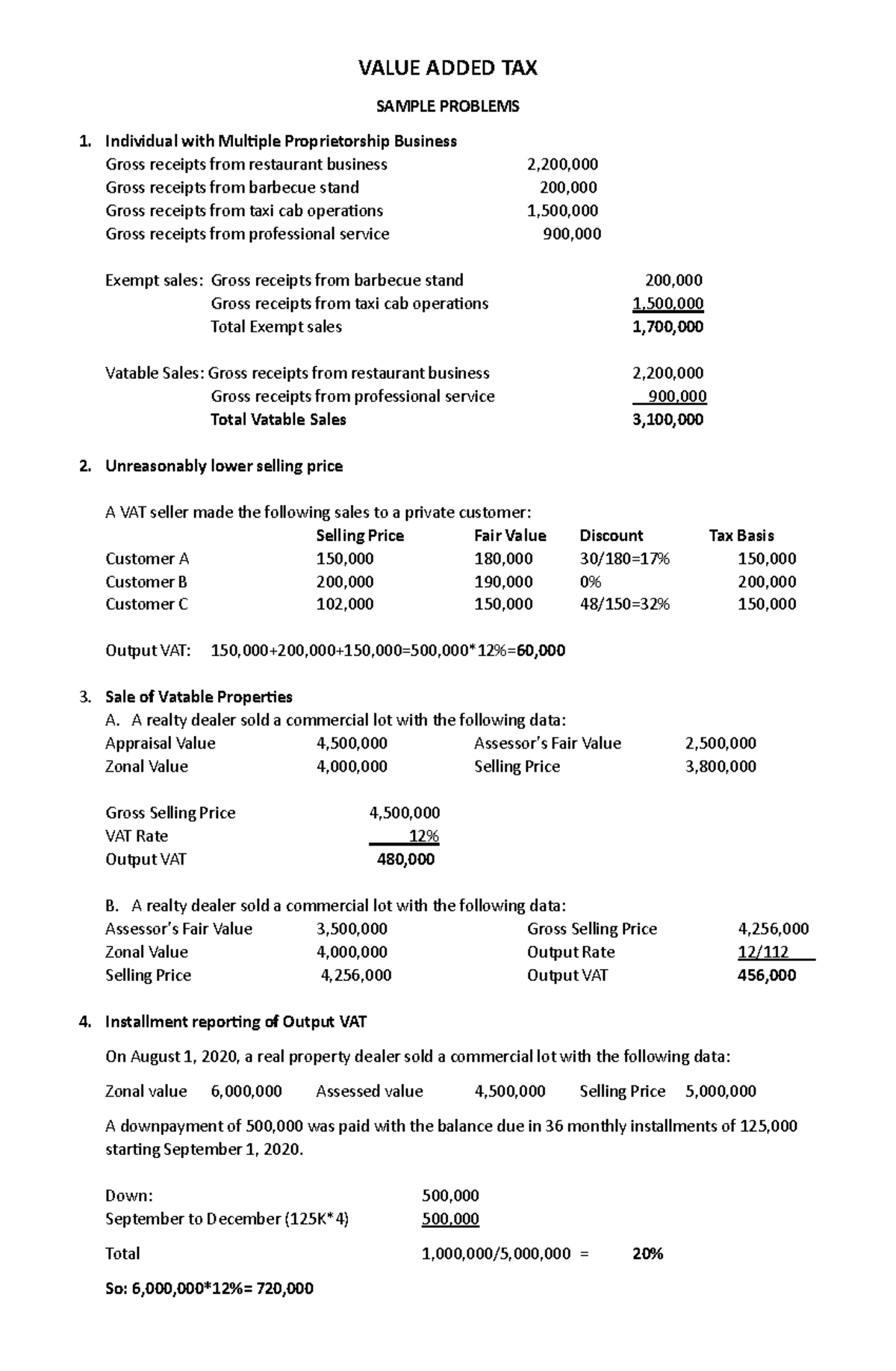 VALUE ADDED TAX (VAT) SAMPLE PROBLEMS & SOLUTIONS - Studocu