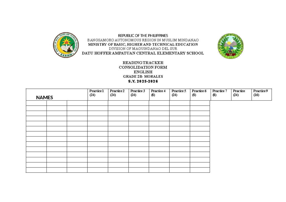 Reading Tracker Considilation FORM english g2 - REPUBLIC OF THE ...