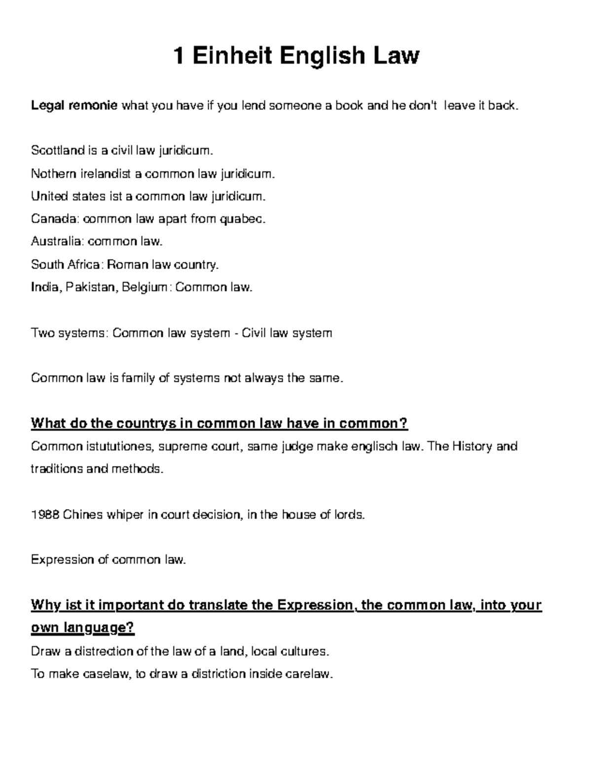 1 Einheit English Law: Common Law vs. Civil Law Systems - Studocu
