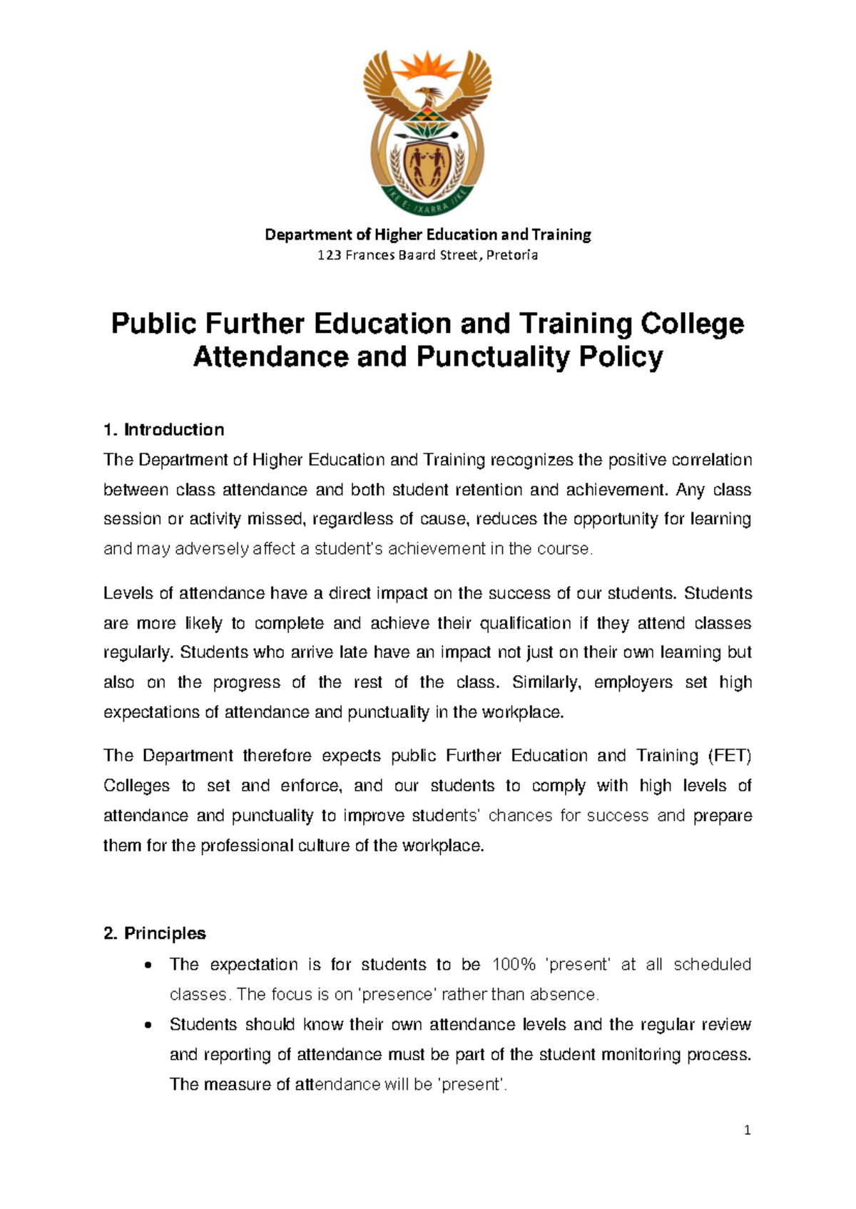 DHET-FET Colleges Attendance & Punctuality Policy Overview - Studocu