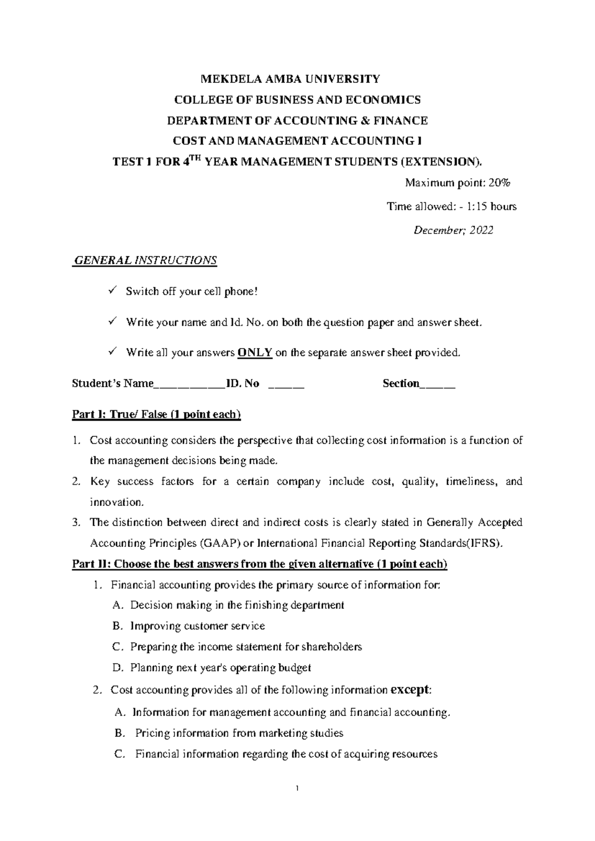COST & MNGMT ACCT I - EXTENSION TEST 1 FOR 4TH YEAR STUDENTS - Studocu