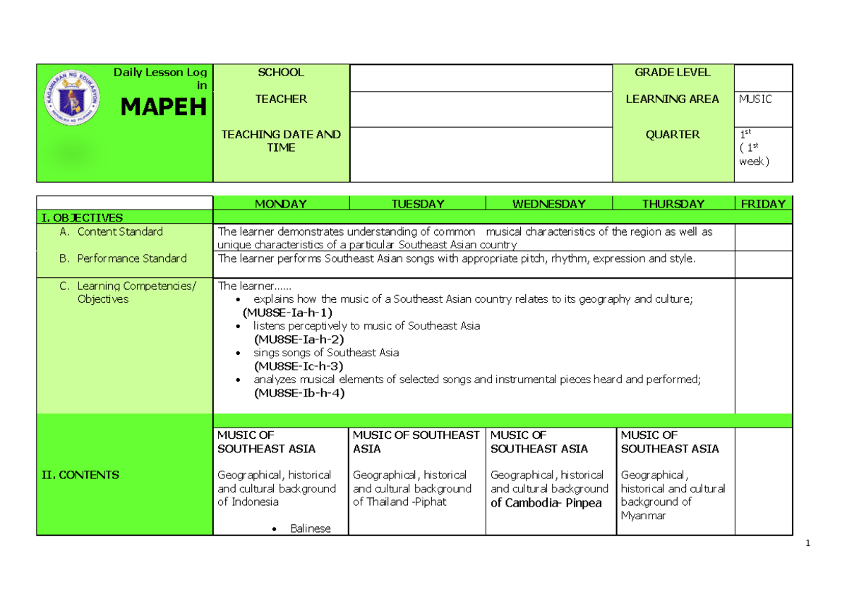 Q1 Grade 8 Music DLL Week 1 - MONDAY TUESDAY WEDNESDAY THURSDAY FRIDAY ...