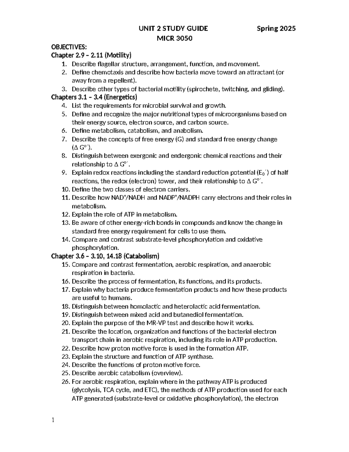 Unit 2 Study Guide - notes - UNIT 2 STUDY GUIDE Spring 2025 MICR 3050 ...
