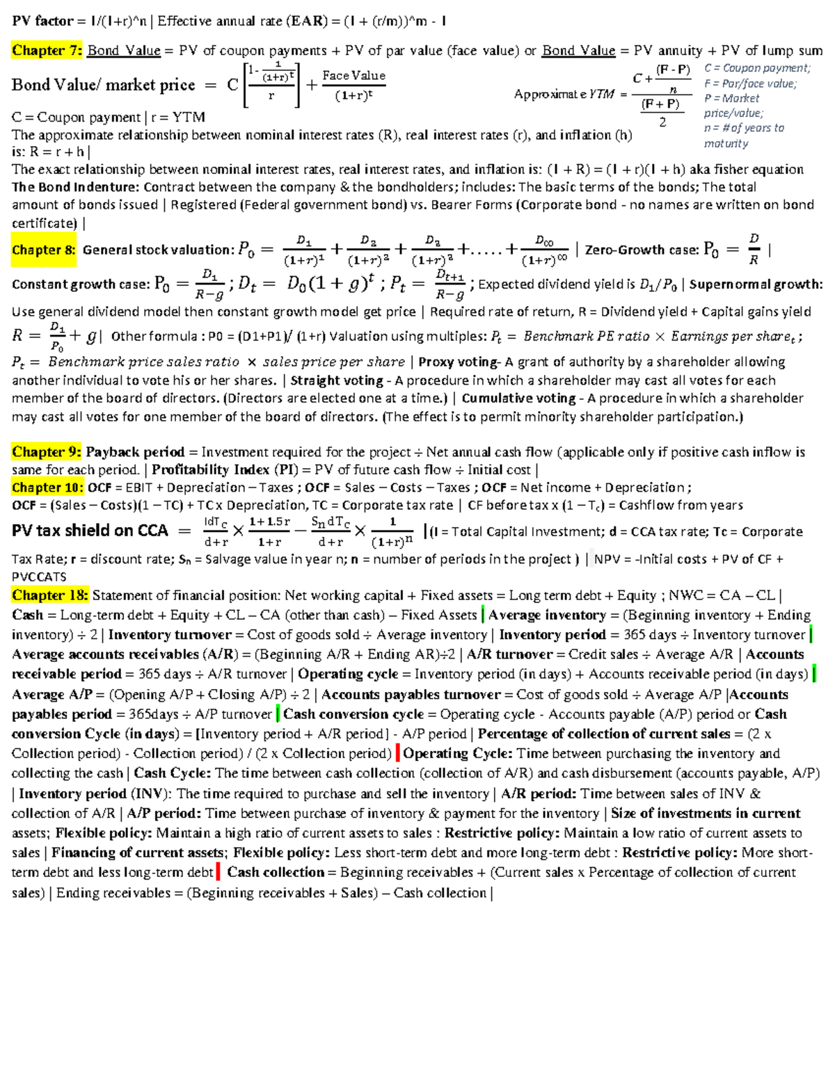 Comm 203 T2 Finance Concepts Cheat Sheet and Key Formulas - Studocu