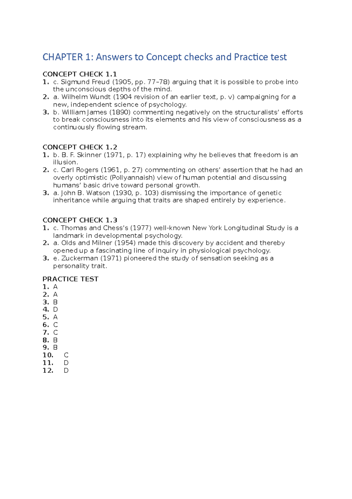 Psychology 101: Chapter 1 Concept Checks & Practice Test Answers - Studocu