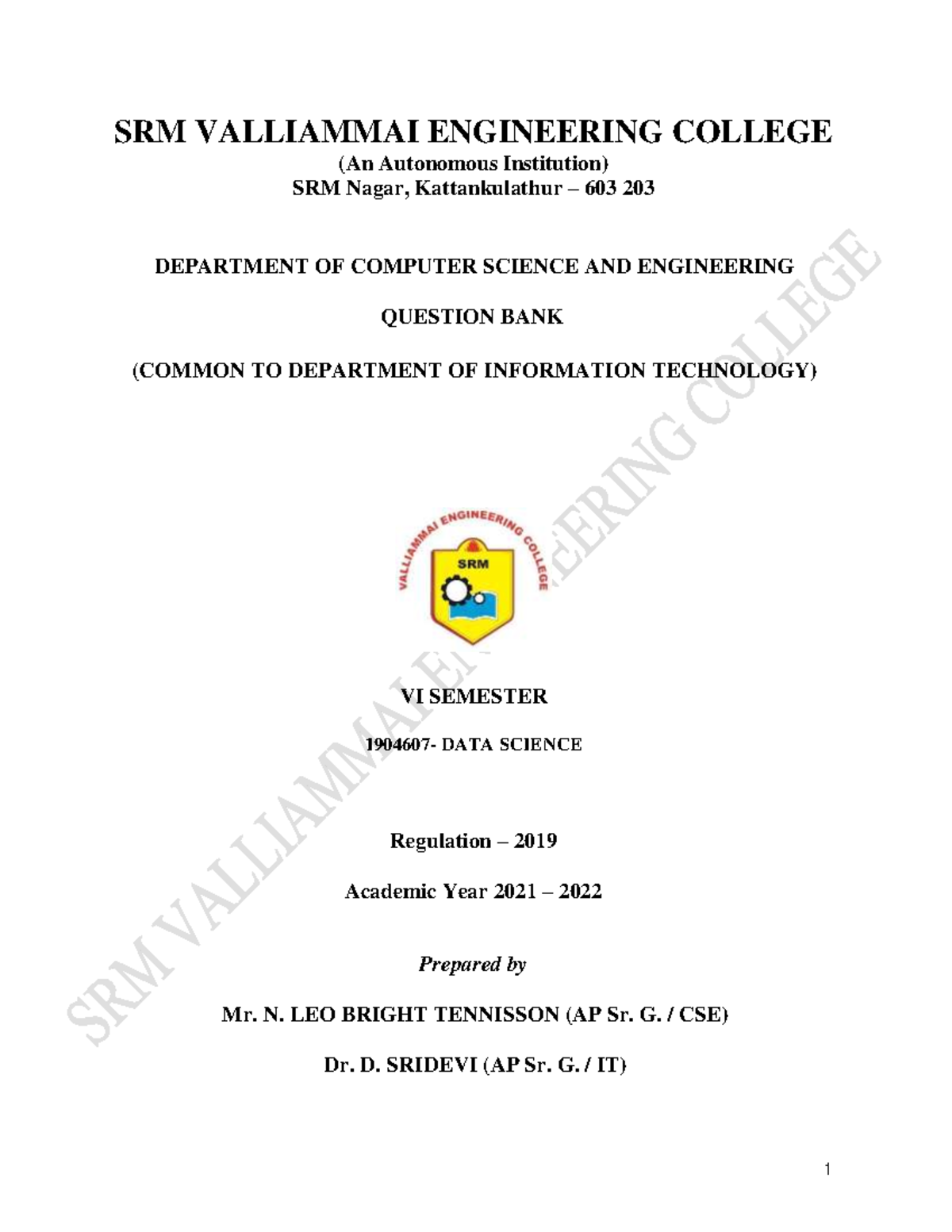 1904607 - Data Science Question Bank for VI Semester CSE/IT - Studocu