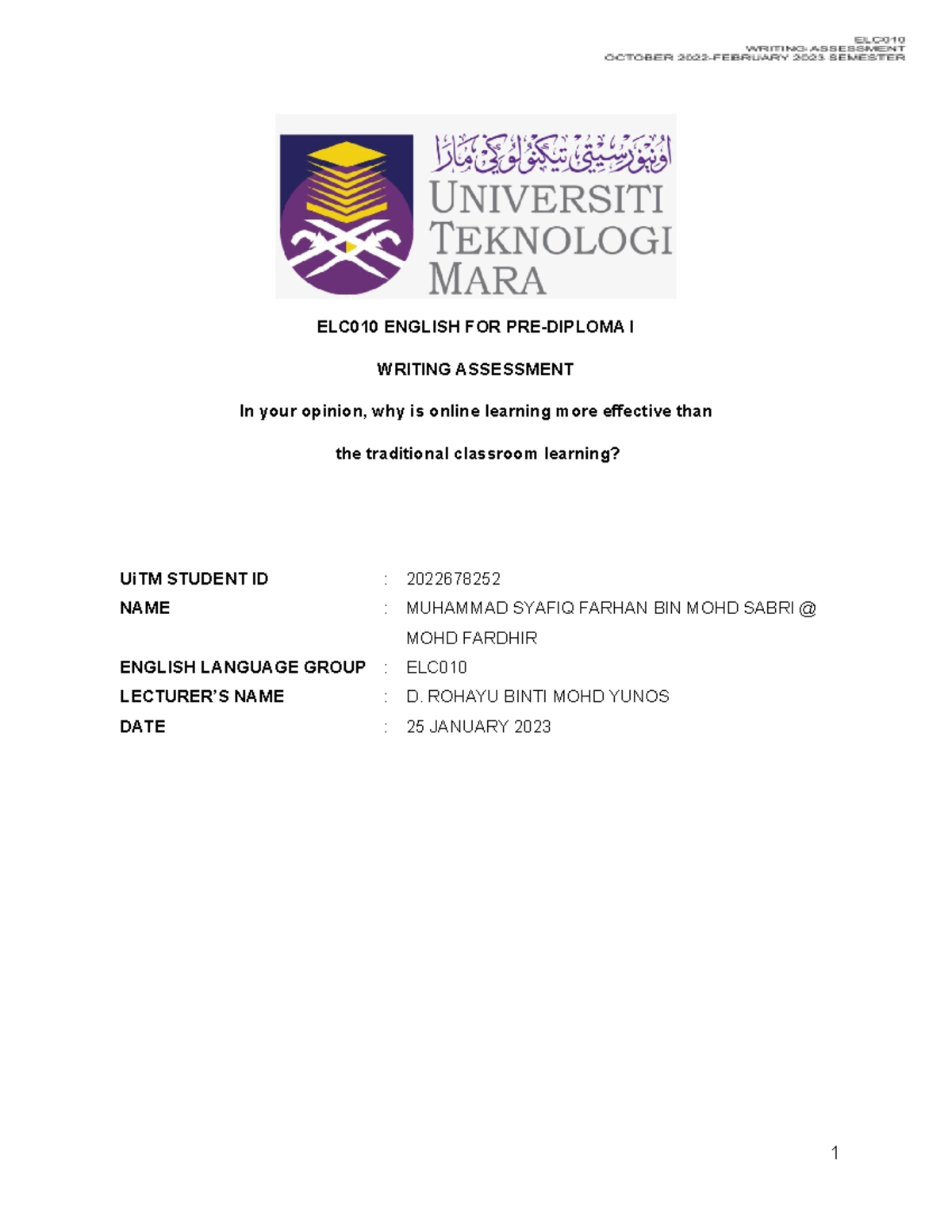 ELC010 Wrting Template - pra diploma - ELC010 ENGLISH FOR PRE-DIPLOMA I ...