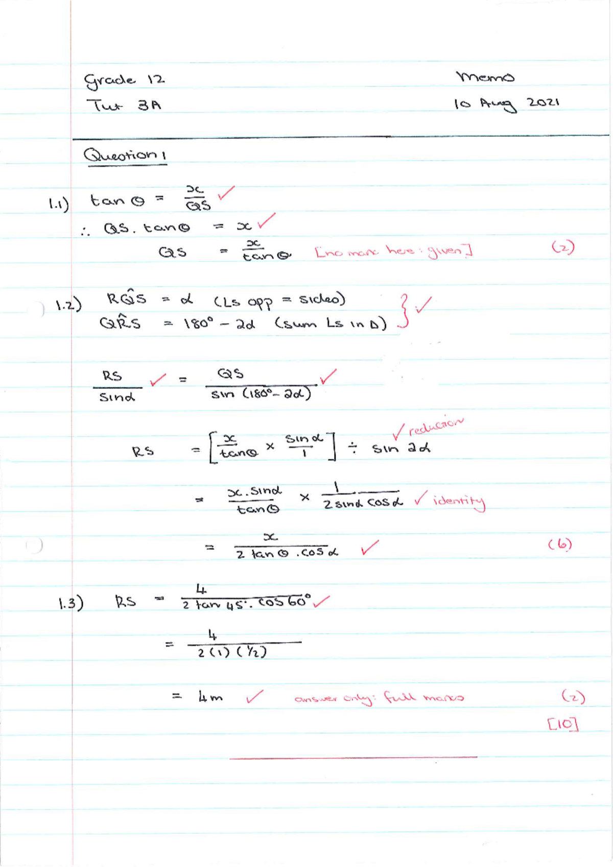 Tut 3A Memo - Grade 12 Maths Tutorial Notes (10 Aug 2021) - Studocu