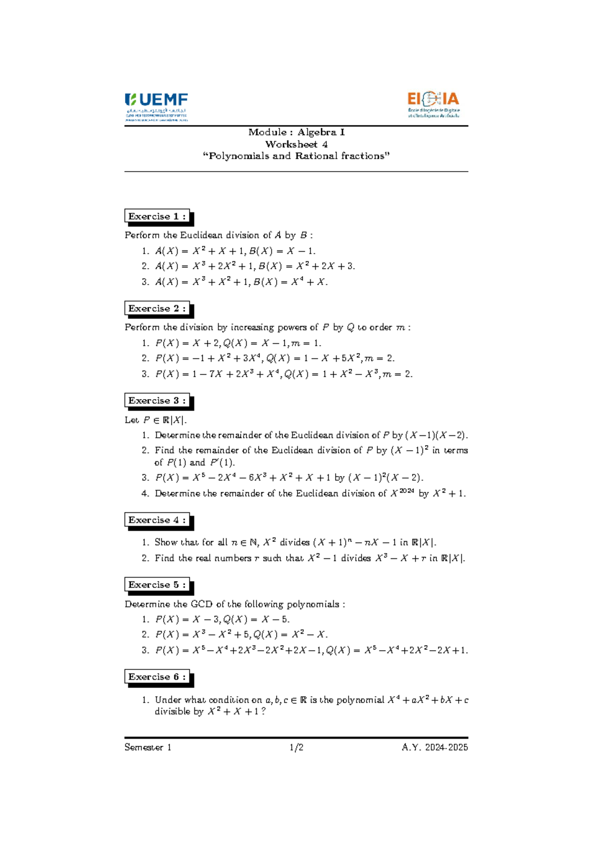 Algebra I Worksheet 4: Euclidean Division Exercises - Studocu