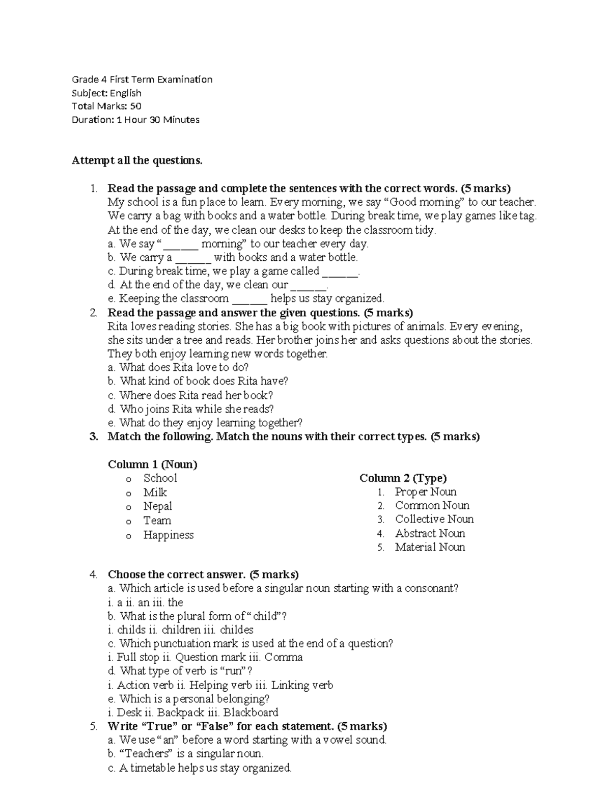 Grade 4 English First Term Exam 2082 - Total Marks: 50 - Studocu