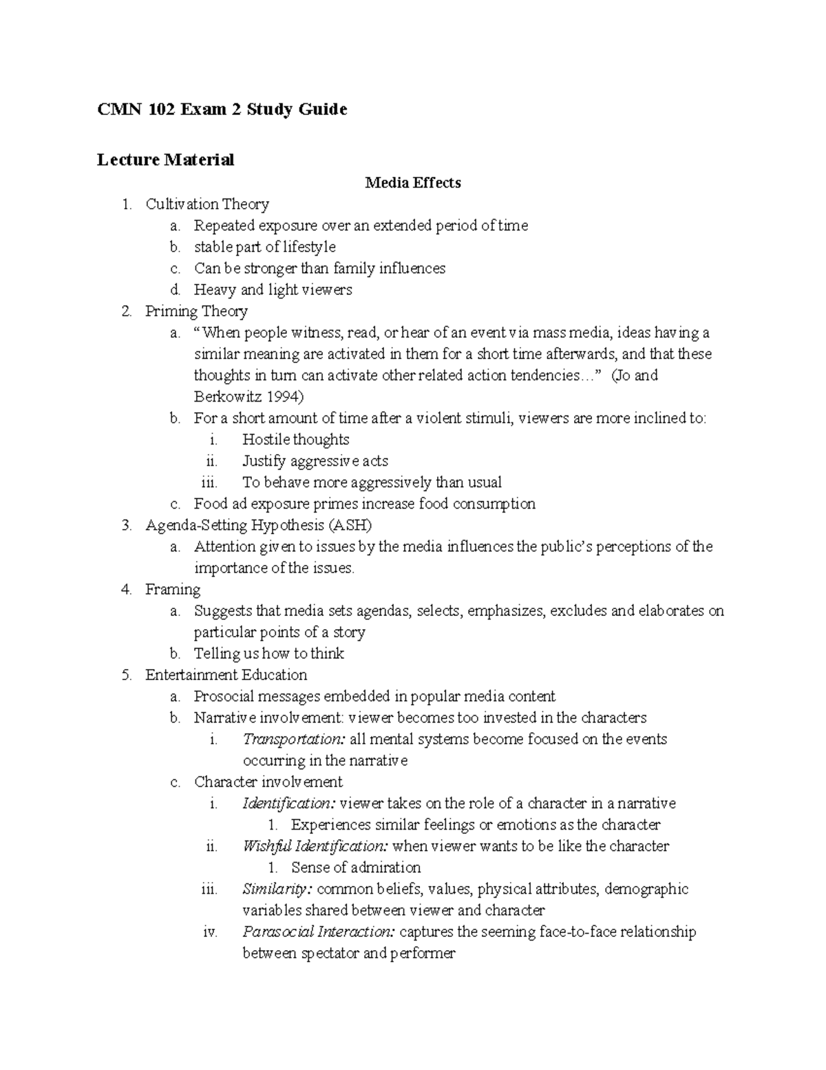 CMN 102 Exam 2 - Comprehensive Lecture Notes on Media Effects ...