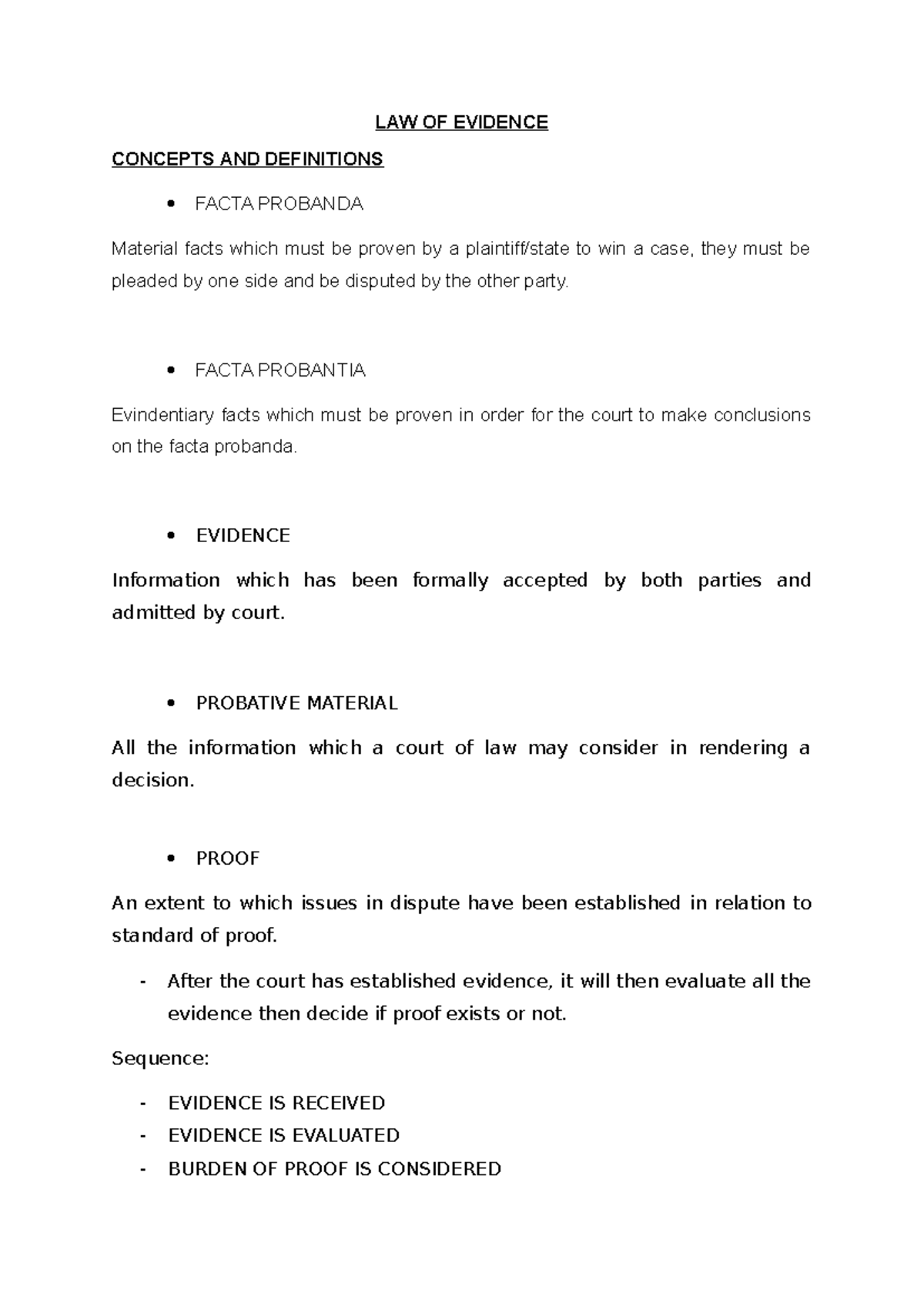 LAW OF EVIDENCE: Key Concepts & Definitions (Summarized Notes) - Studocu