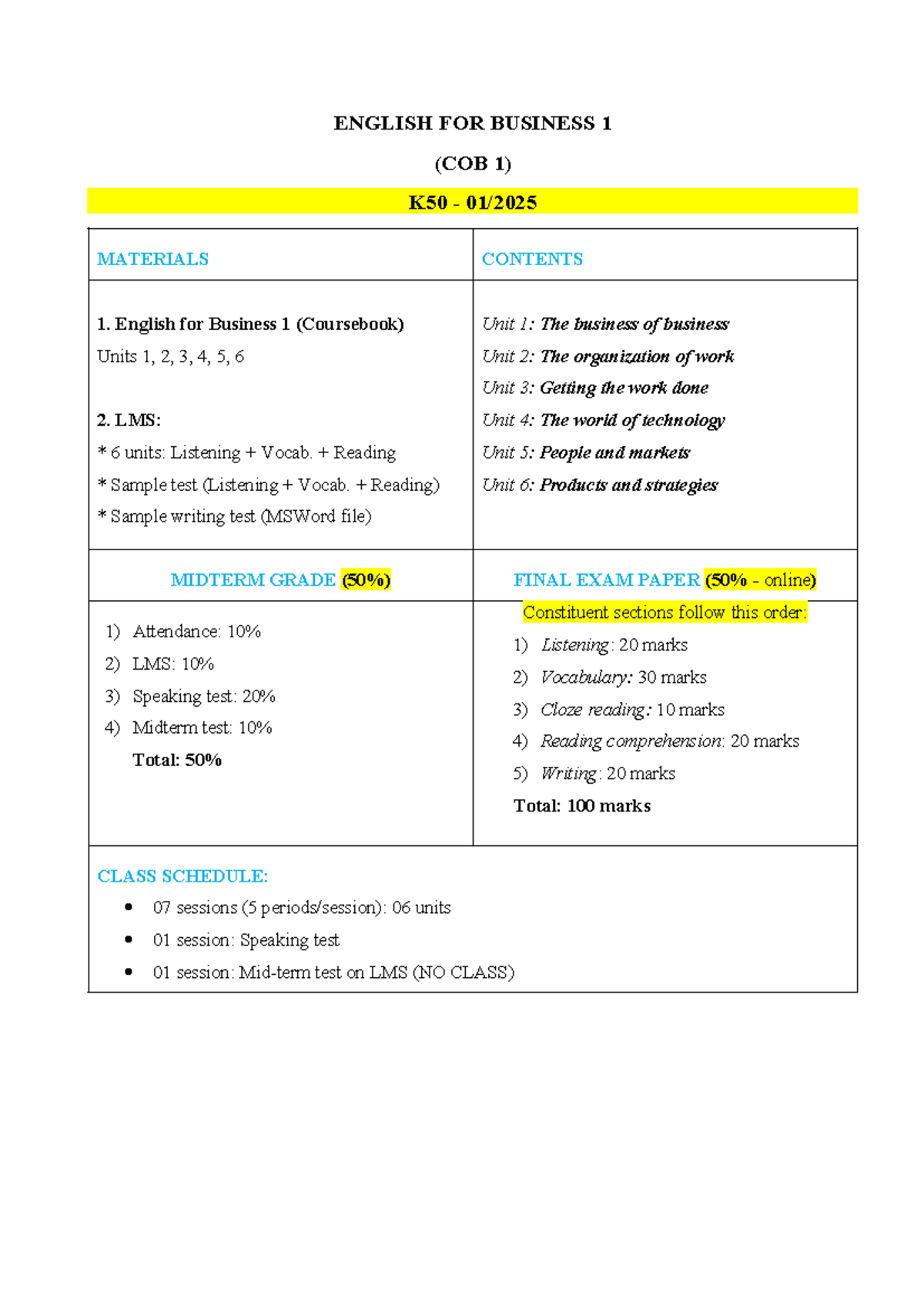 English for Business - M1 ( Course Outline) - ENGLISH FOR BUSINESS 1 ...
