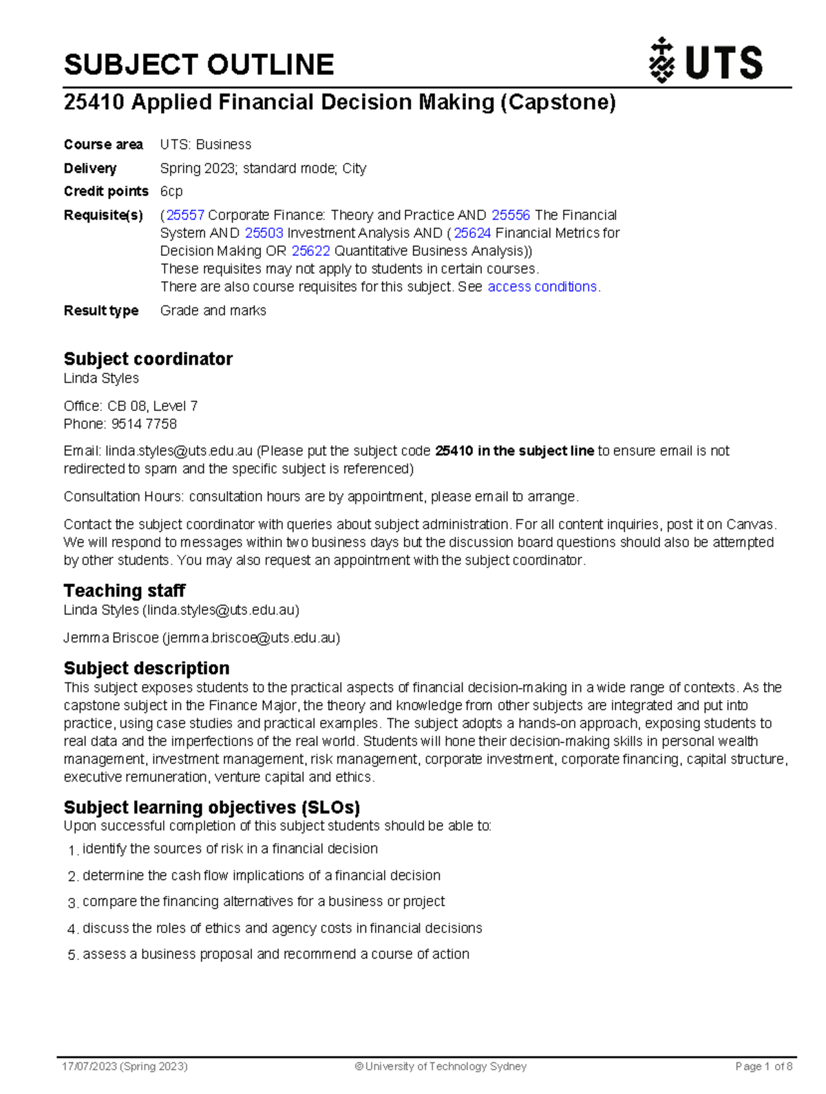 Title: Subject Outline for 25410 Applied Financial Decision Making ...