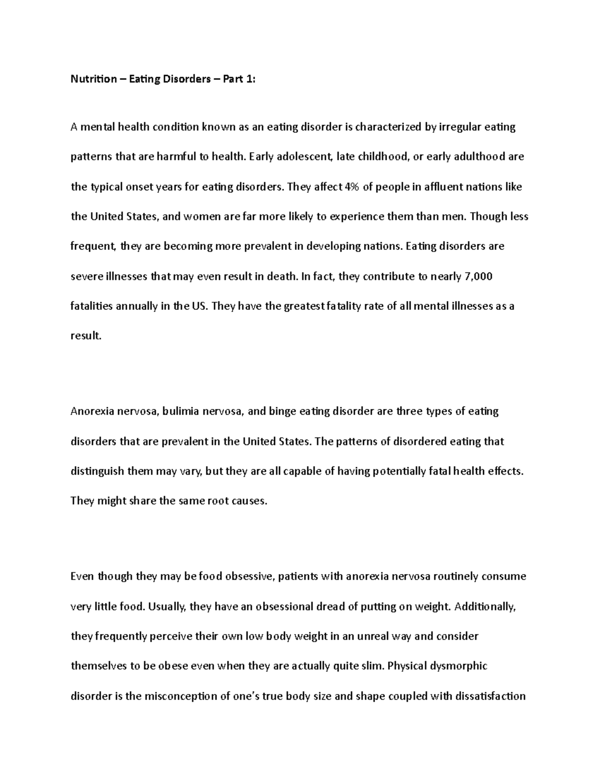 Nutrition – Eating Disorders Overview - Part 1 Analysis - Studocu