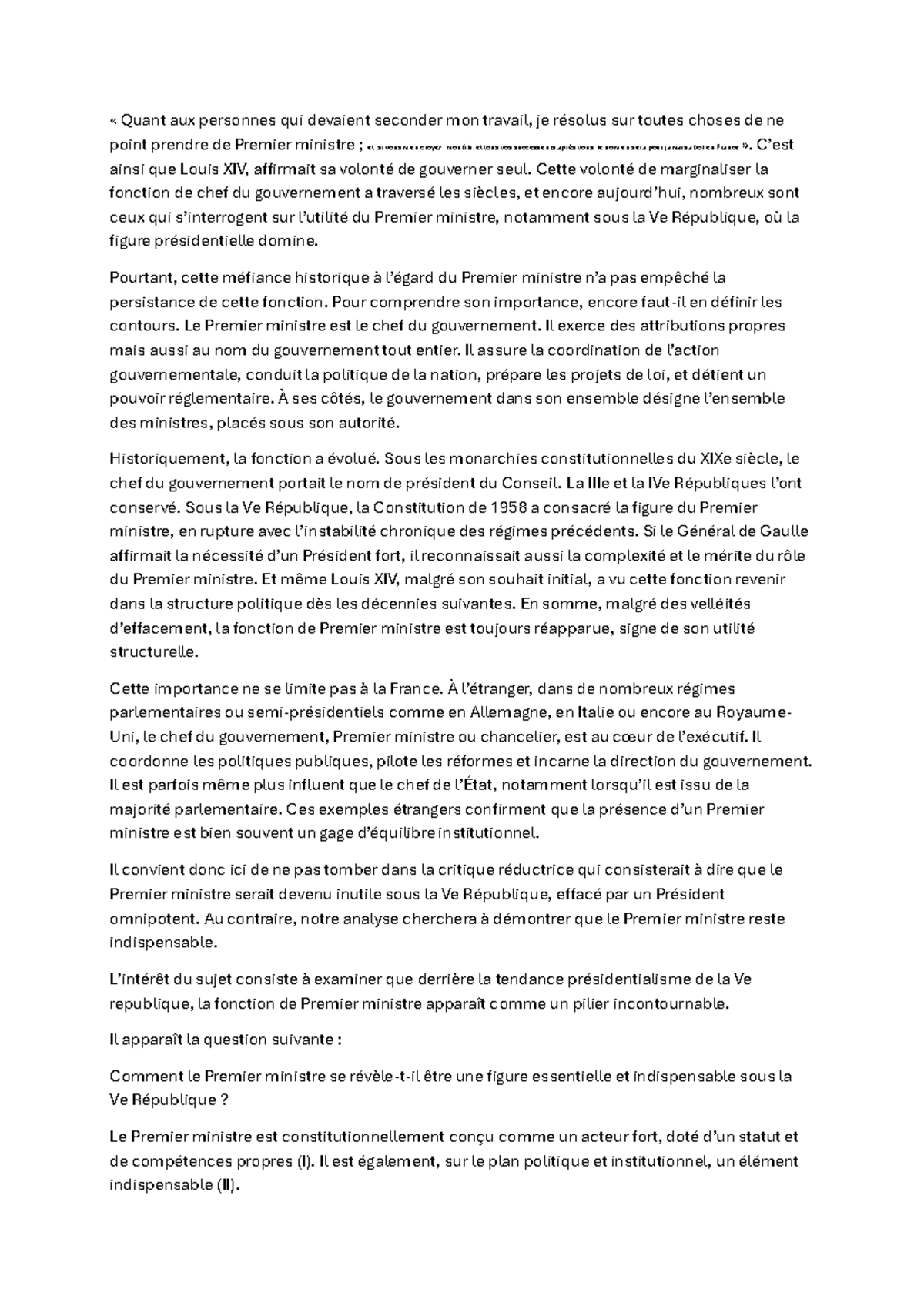 Dissertation sur le Premier ministre : Rôle et Importance sous la Ve ...