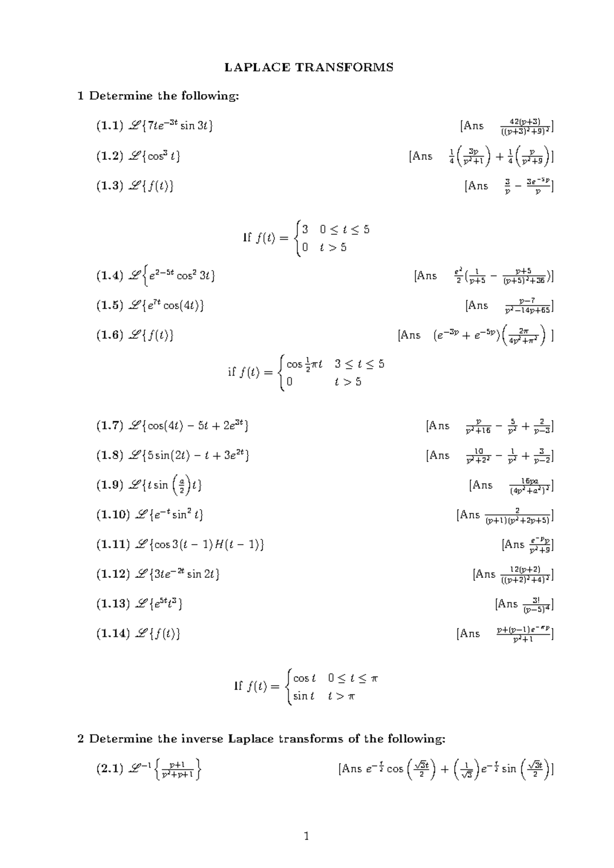 Practice Exercises 9: Laplace Transforms Solutions - Studocu