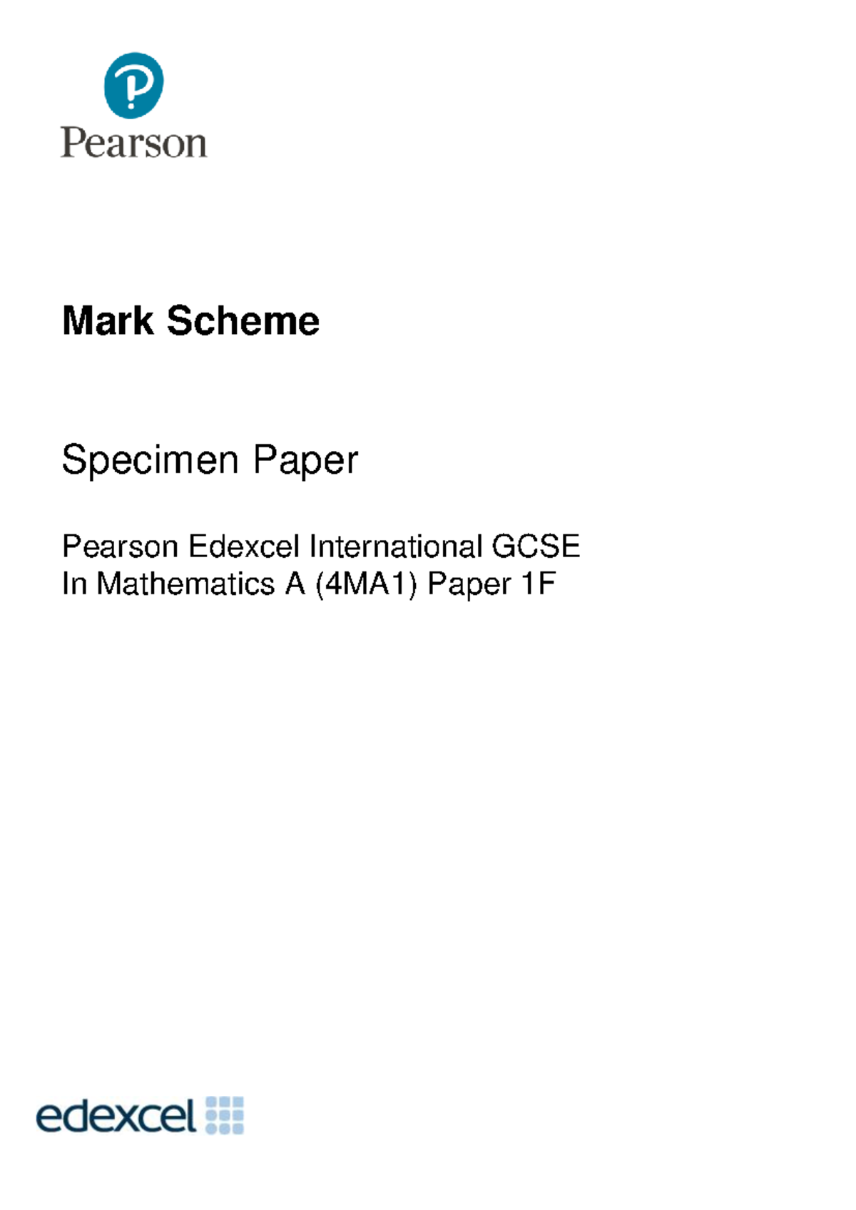 4ma1 1f specimen papers mark scheme igcse edexcel maths - Mark Scheme ...