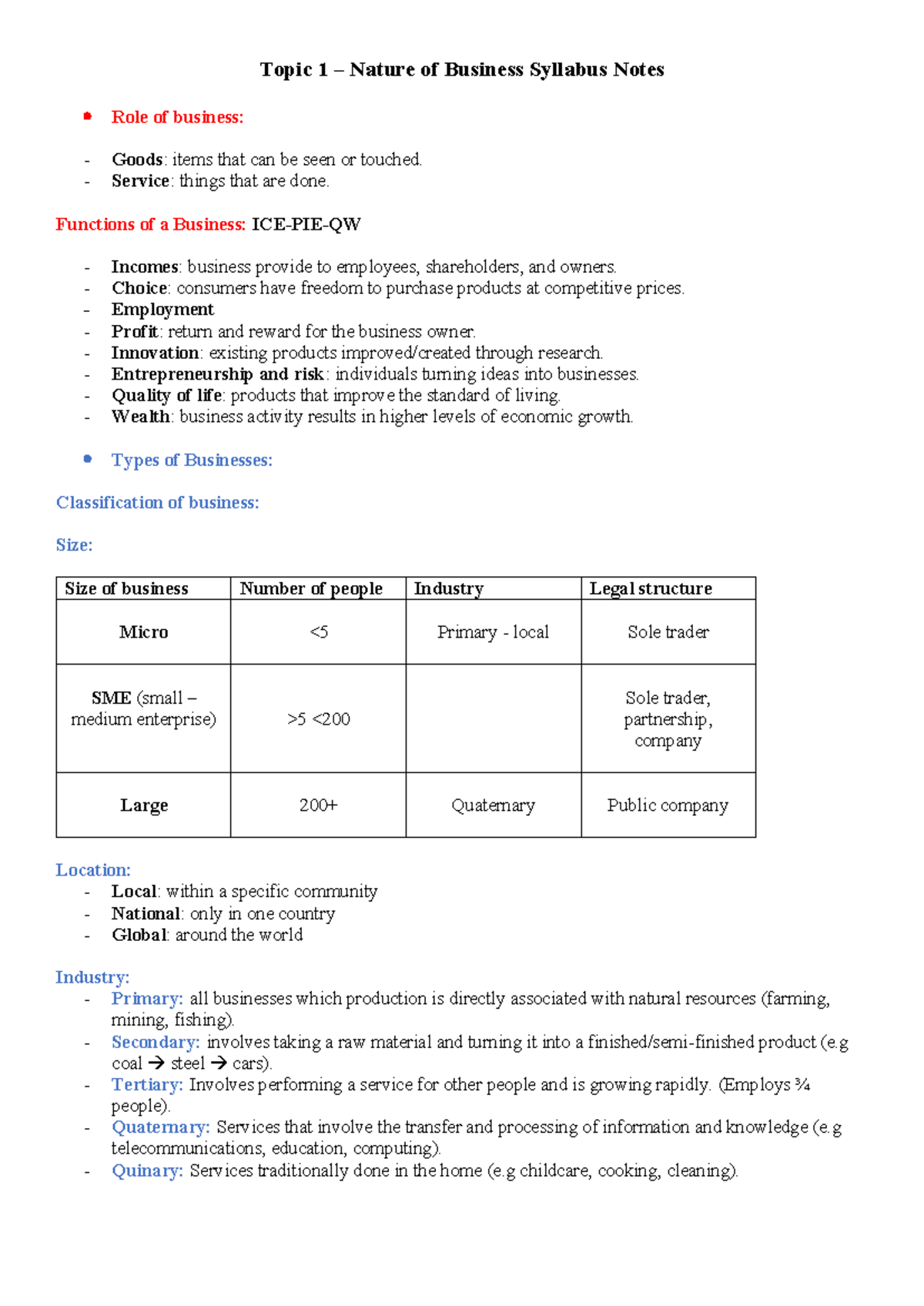 Syllabus Notes: Topic 1 - Nature of Business Overview - Studocu