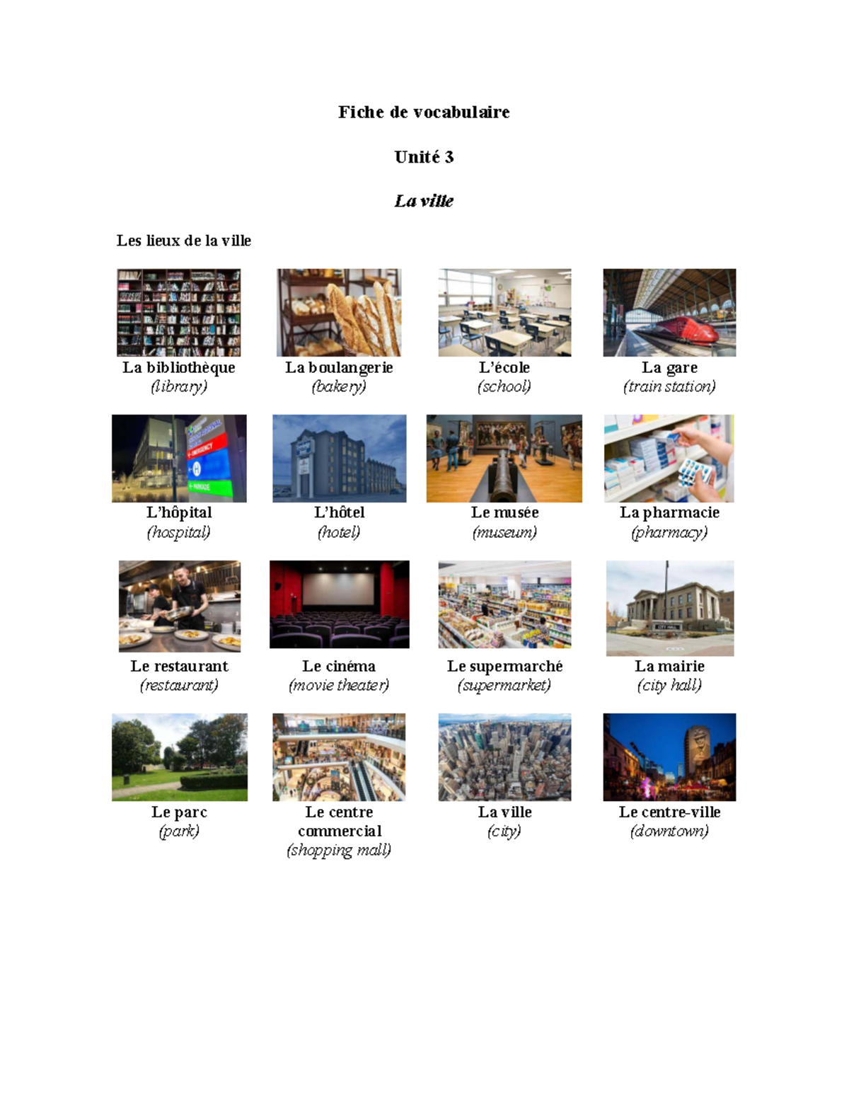 Vocabulaire Unité 3: Les Lieux de la Ville - Studocu