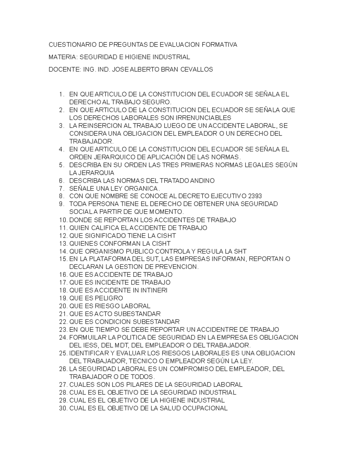Cuestionario DE Seguridad E Higiene Industrial - CUESTIONARIO DE ...