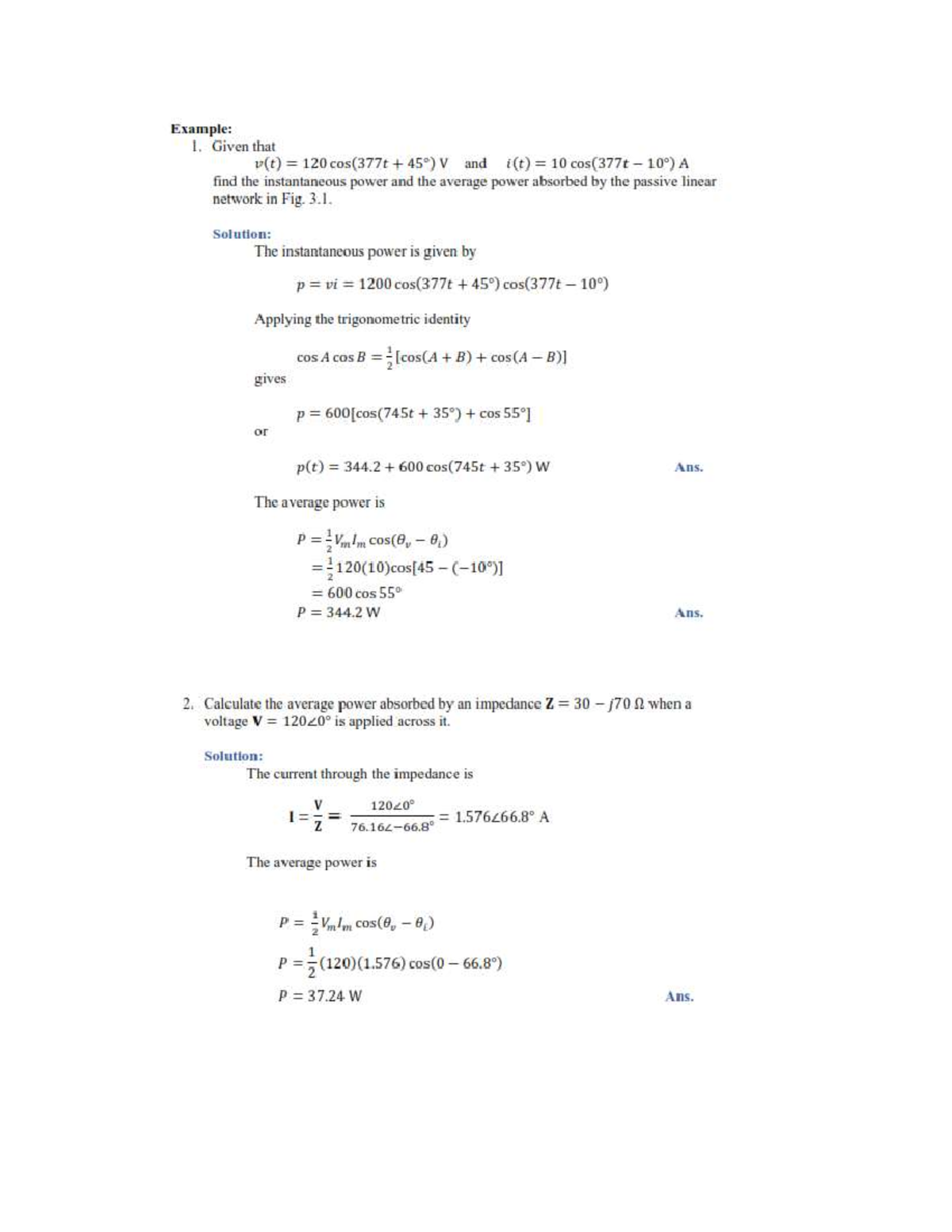 Instantaneous and Average Power Solutions for EE 101 - Studocu