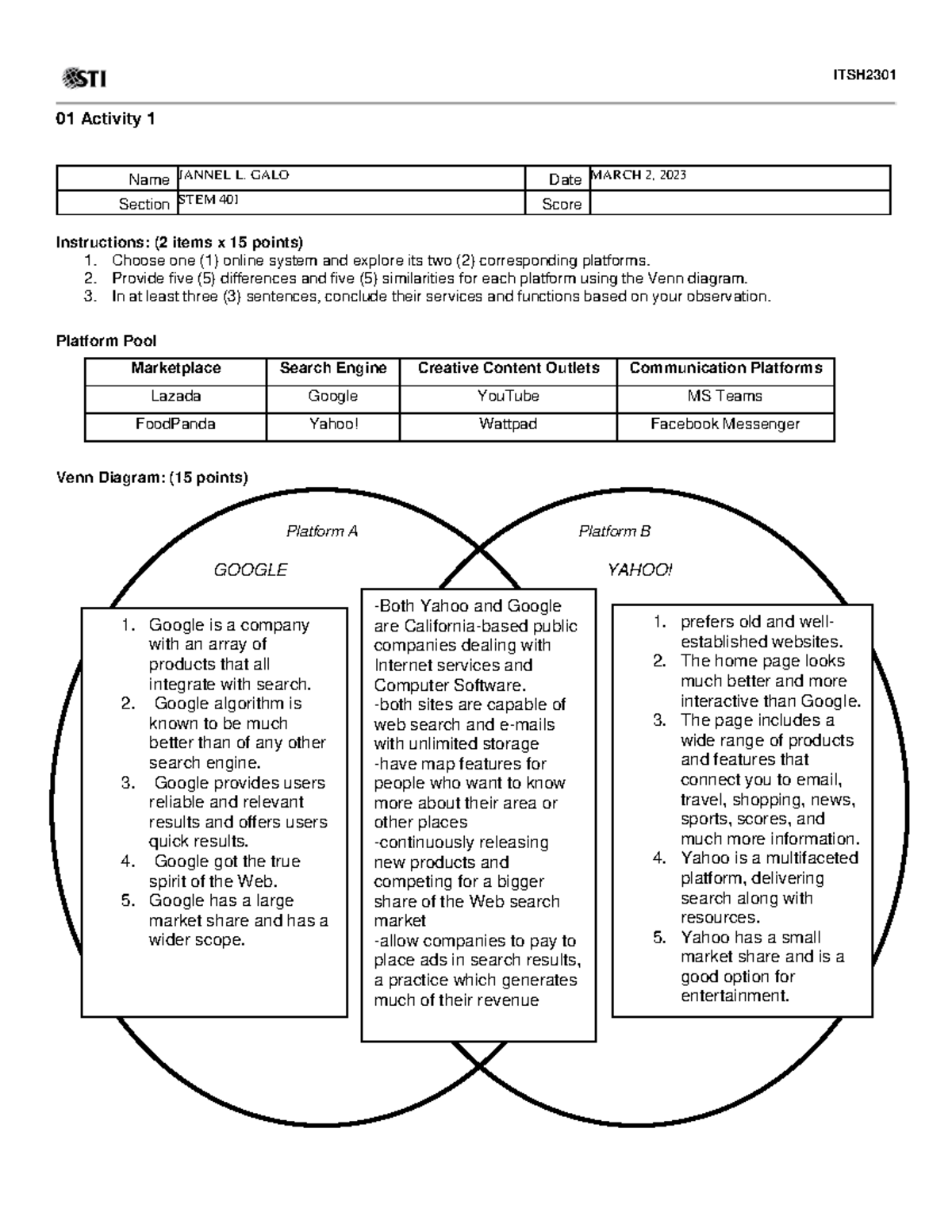 ITSH STEM 401 Activity 1 - Comparative Analysis of Google and Yahoo ...