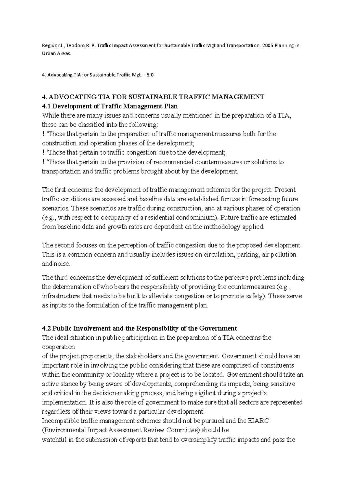 Traffic Impact Assessment for Sustainable Mgt: Regidor J., Teodoro R. R ...