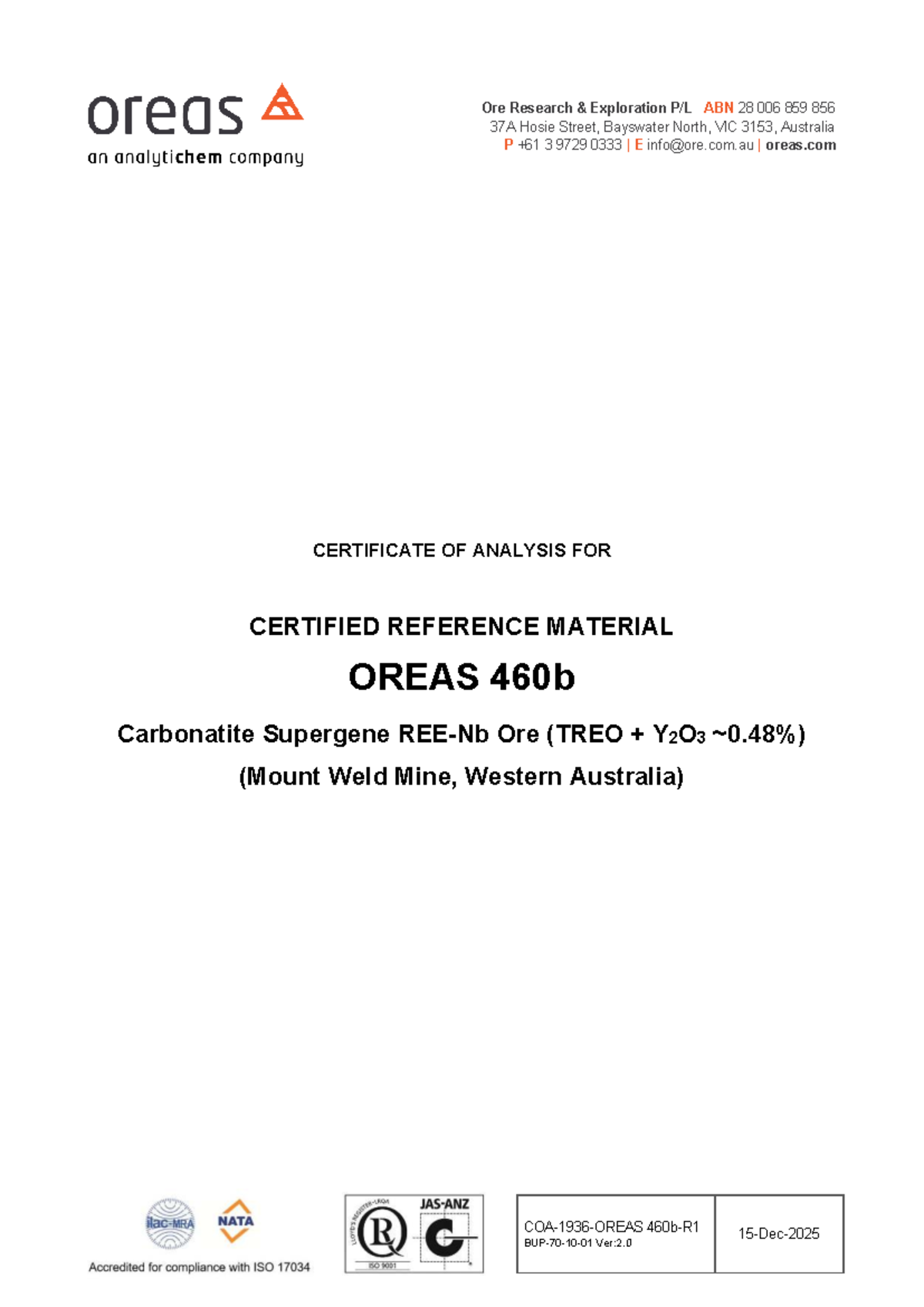 OREAS 460b Certificate of Analysis for Carbonatite Supergene Ore - Studocu