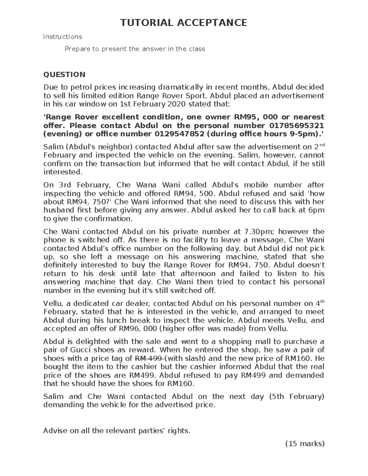 Tutorial 2: Acceptance and Rights in Vehicle Sale - Case Study - Studocu