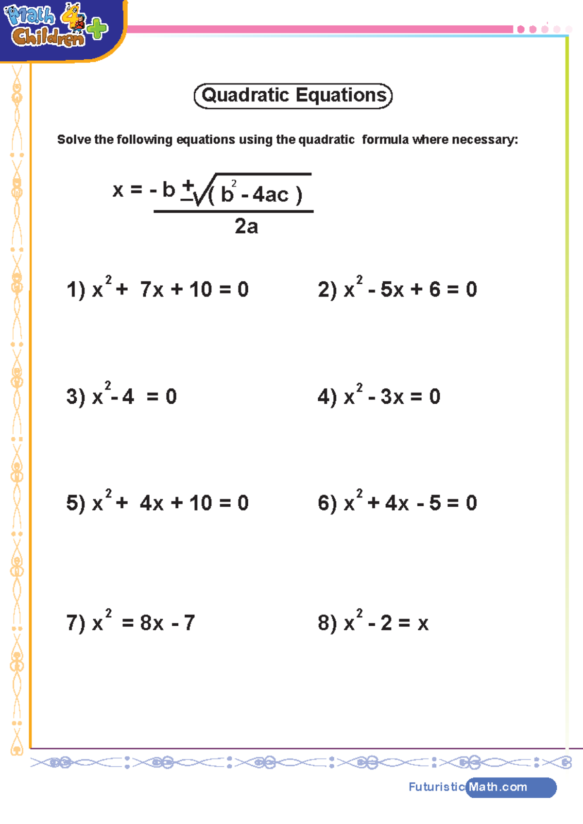 MATH101 Quadratic Equations Worksheet and Solutions - Studocu