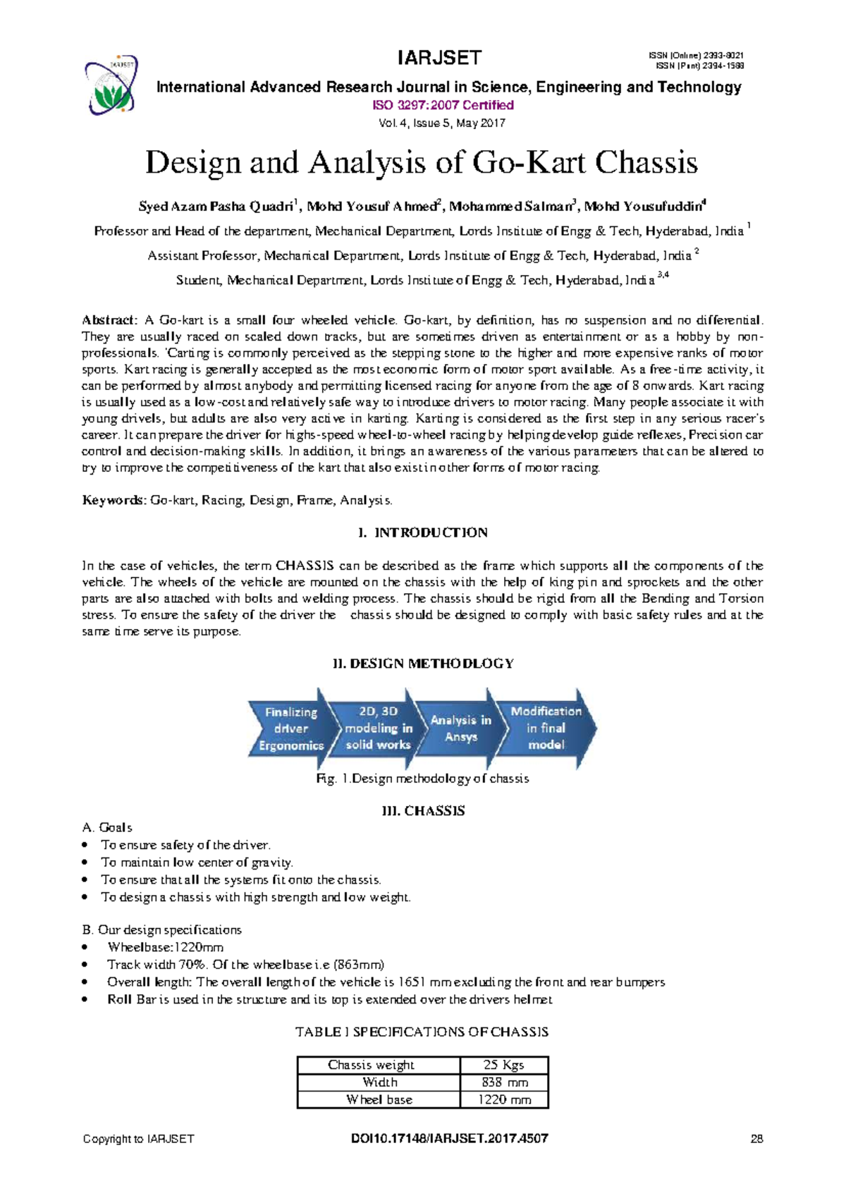 Design and Analysis of Go Kart Chassis - IARJSET Vol. 4, Issue 5 - Studocu