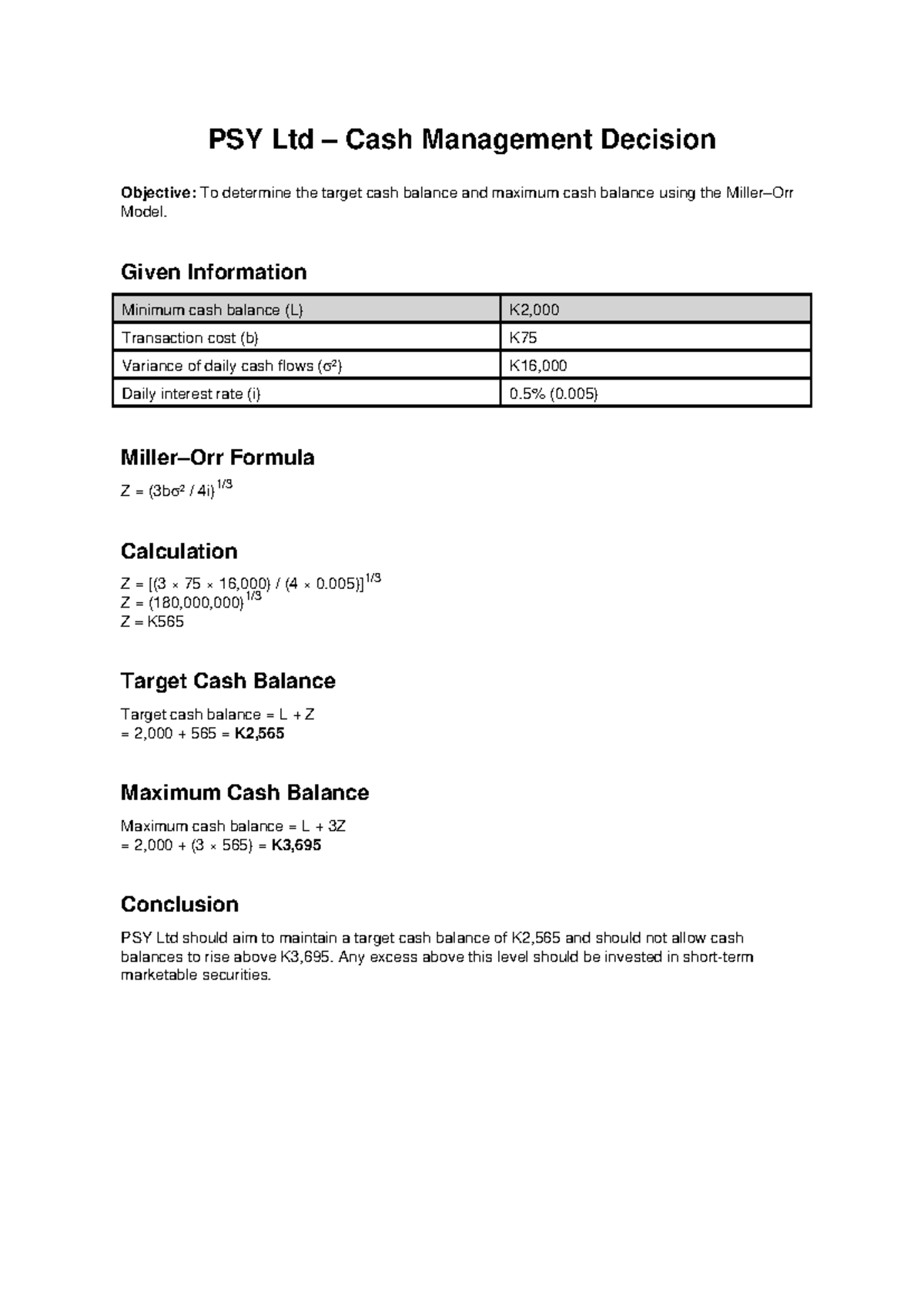 PSY Cash Management: Target & Maximum Balance Analysis - Studocu